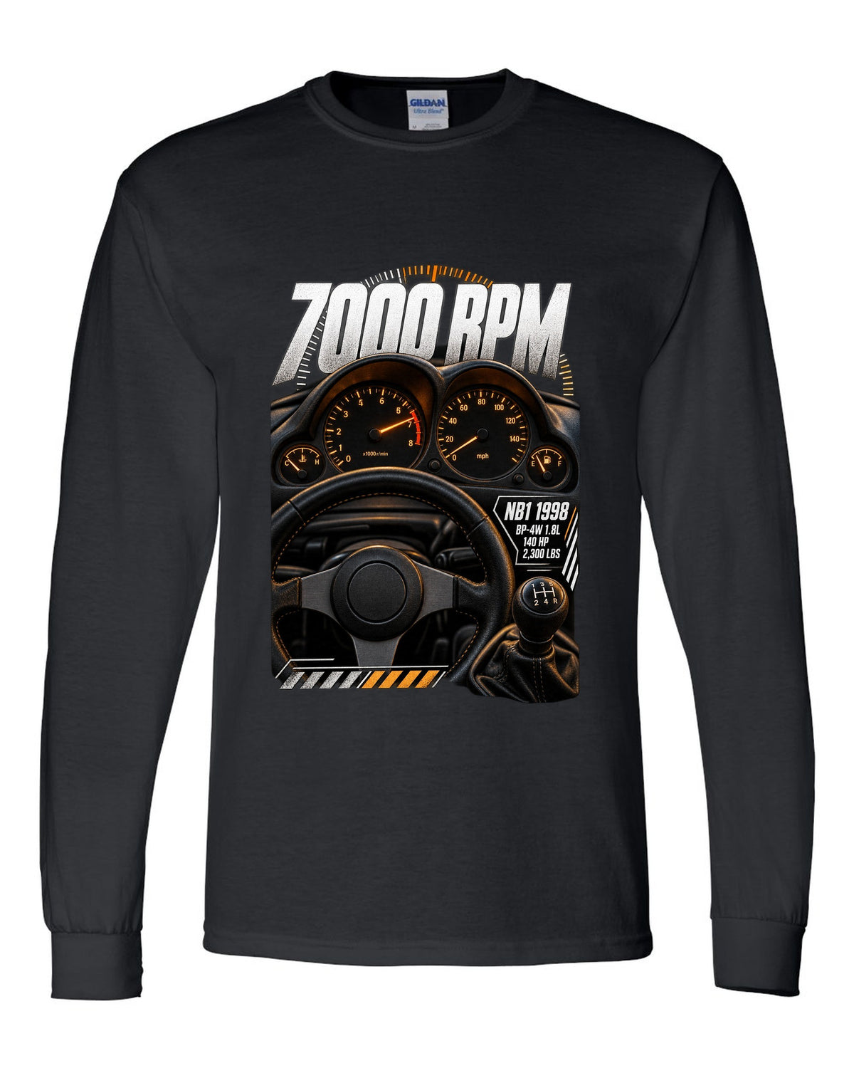 Cockpit gauge print for the 1998 Mazda MX-5 NB1 with 7000 rpm, BP-4W 1.8L and 140 HP black long sleeve front view with the design