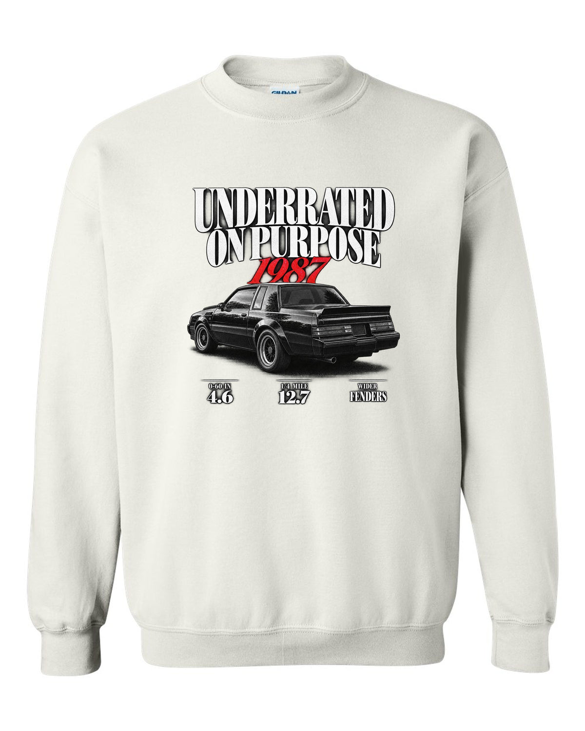 1987 Buick GNX editorial headline print with performance figures white crewneck front view with the design