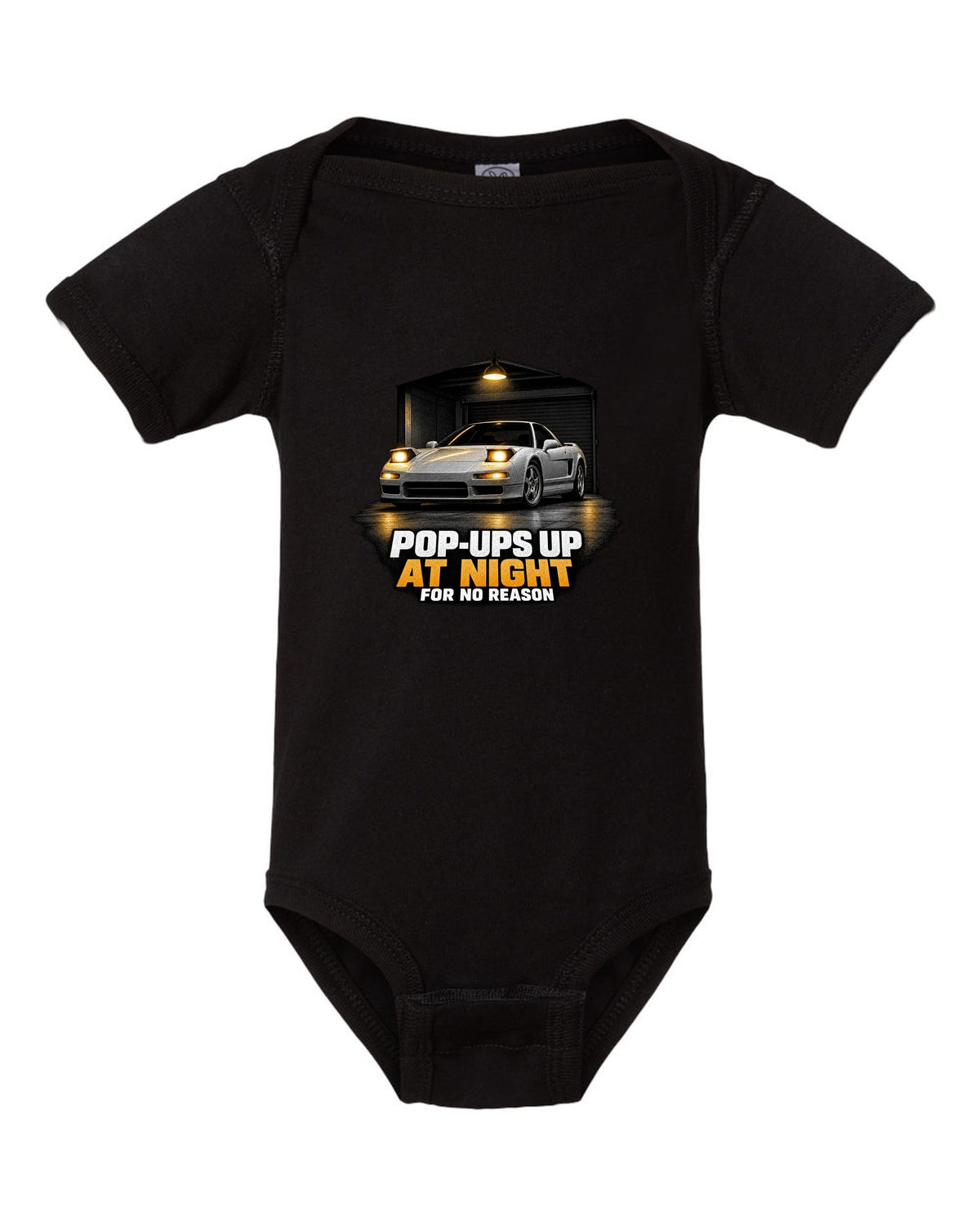Honda NSX NA1 garage night design with pop-ups up at night for no reason text black baby onesie front view with the design