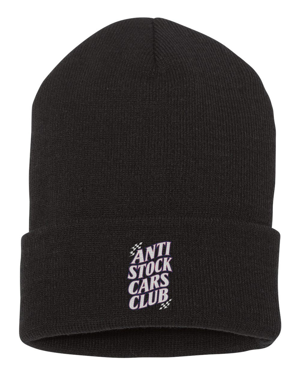 Anti Stock Cars Club Racing Sponsor Stack Shirt, Hoodie & More black beanie front view with car name
