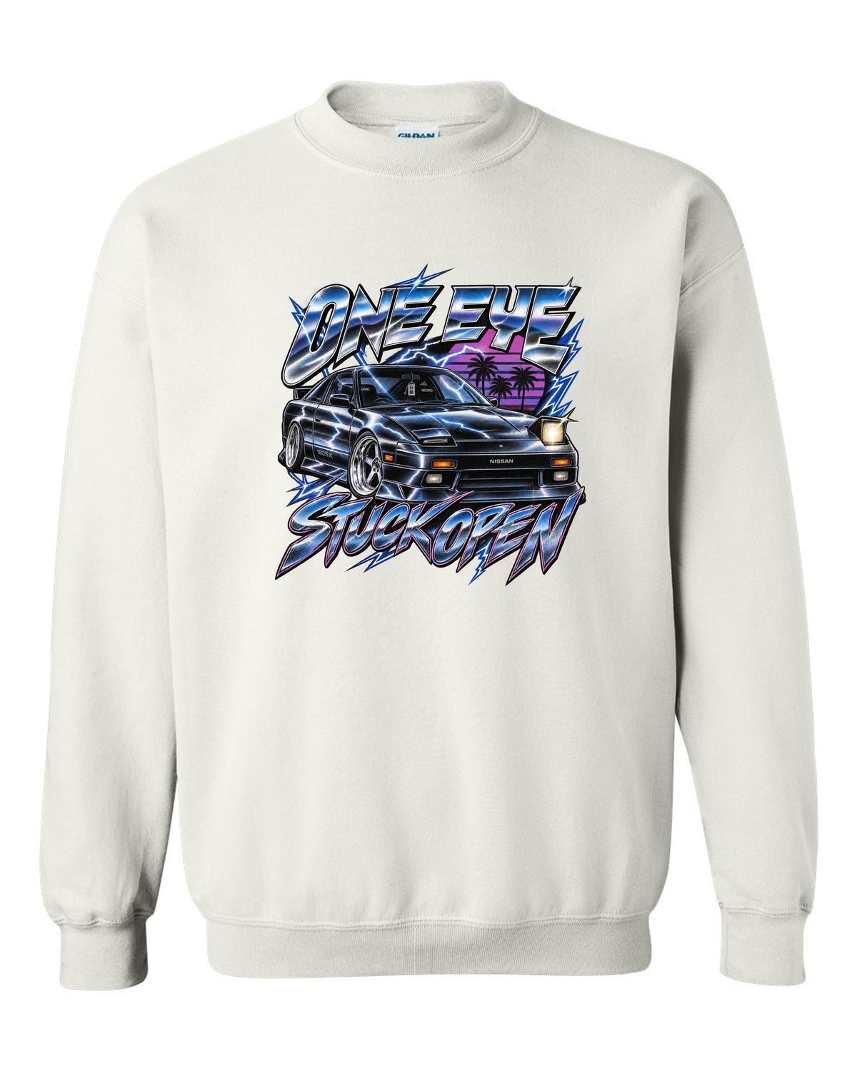 80s airbrush chrome print of a Nissan 180SX S13 ch with one eye stuck open text white crewneck front view with the design