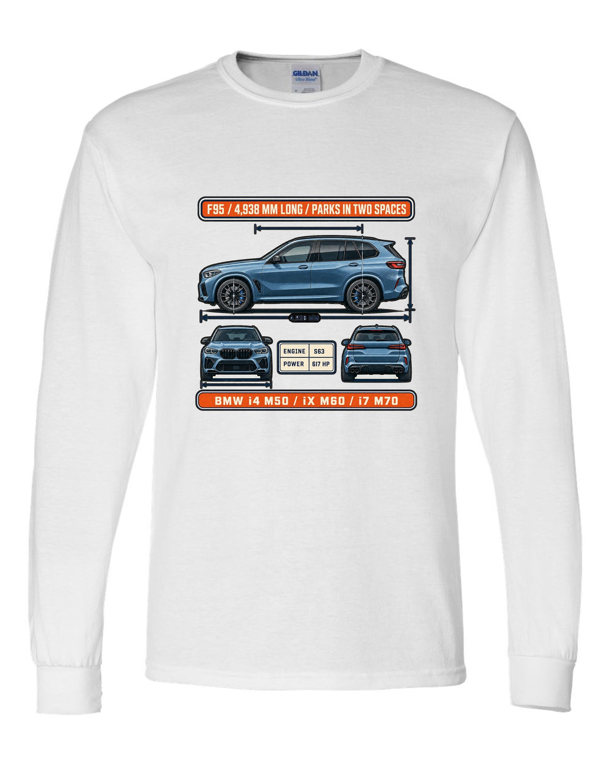 Dimension blueprint print of the BMW X5 M Competition F95 with 4,938 mm length white long sleeve front view with the design