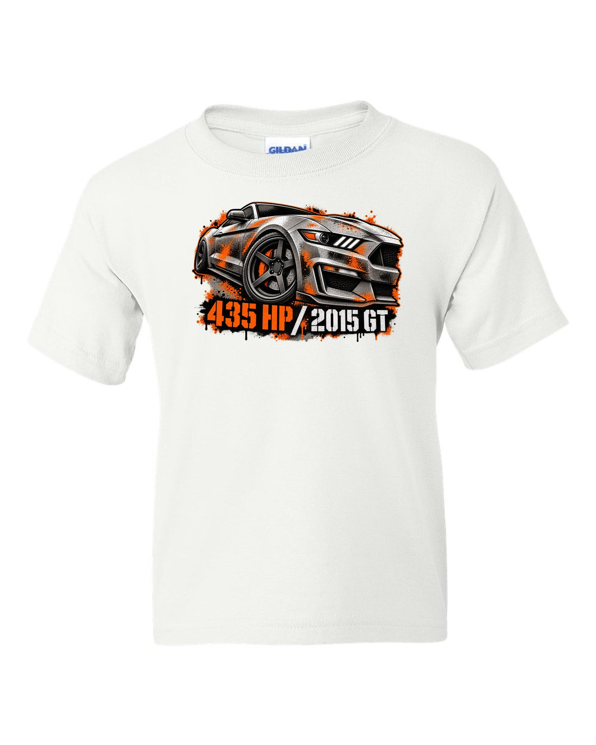Stencil spray street art 2015 S550 Ford Mustang GT fastback with 435 HP text white kids tee front view with the design