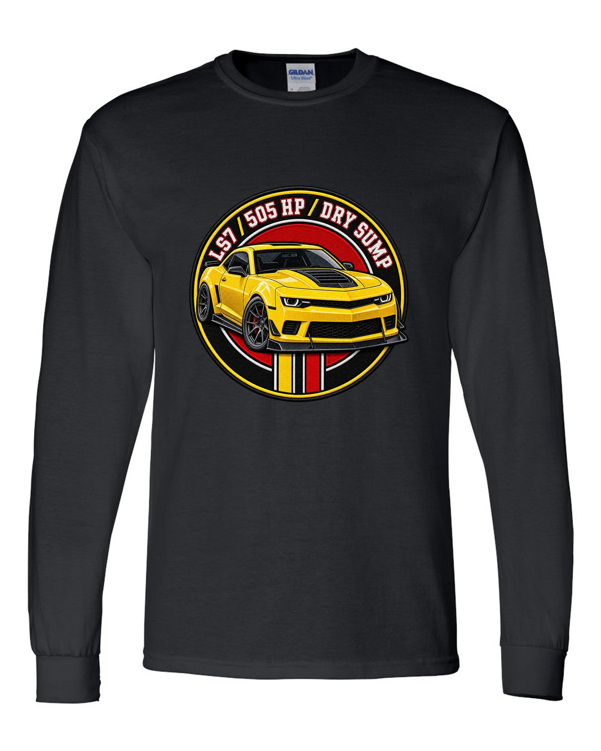 2014 Camaro Z/28 in a varsity crest design with text LS7 505 HP Dry Sump black long sleeve front view with the design