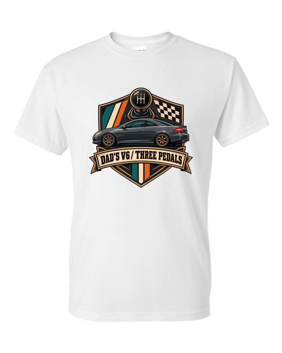 Crest layout print for the Honda Accord V6 Coupe with three pedals text white t-shirt front view with the design