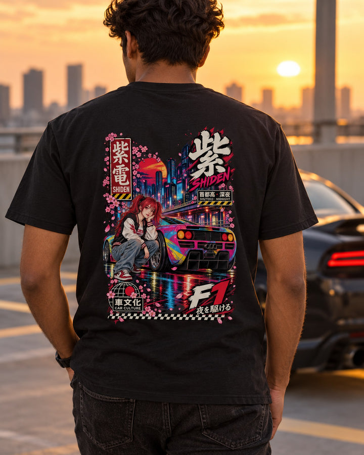 SHIDEN F1 Anime Girl Full-Back Graphic Tee T-Shirt Black worn hero