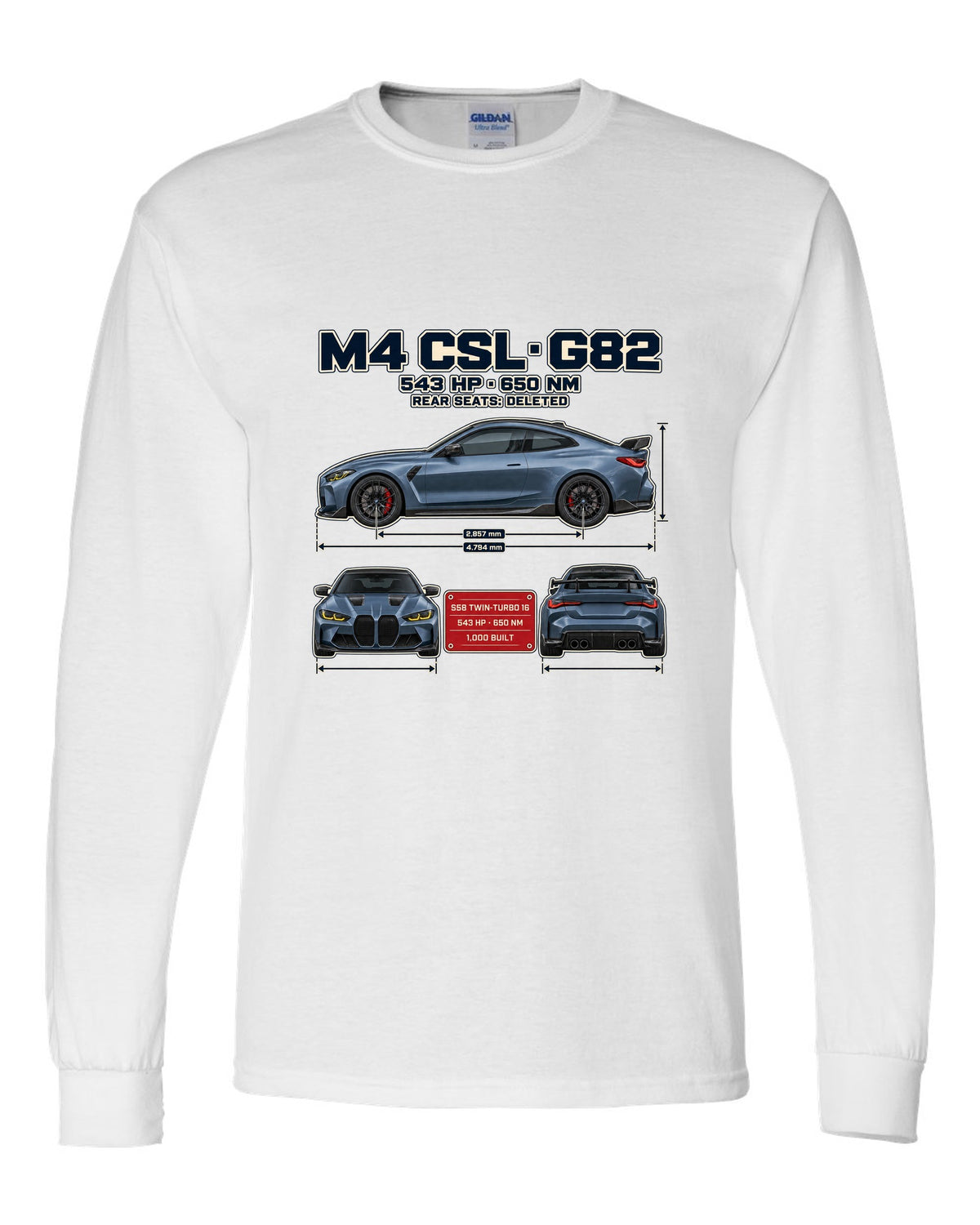 BMW M4 CSL G82 three-view spec table print white long sleeve front view with the design