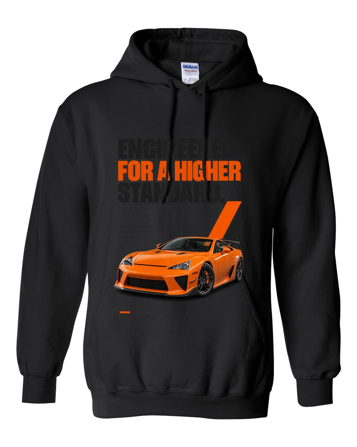 Magazine headline layout featuring the Lexus LFA and its digital tachometer black pull over hoodie front view with the design