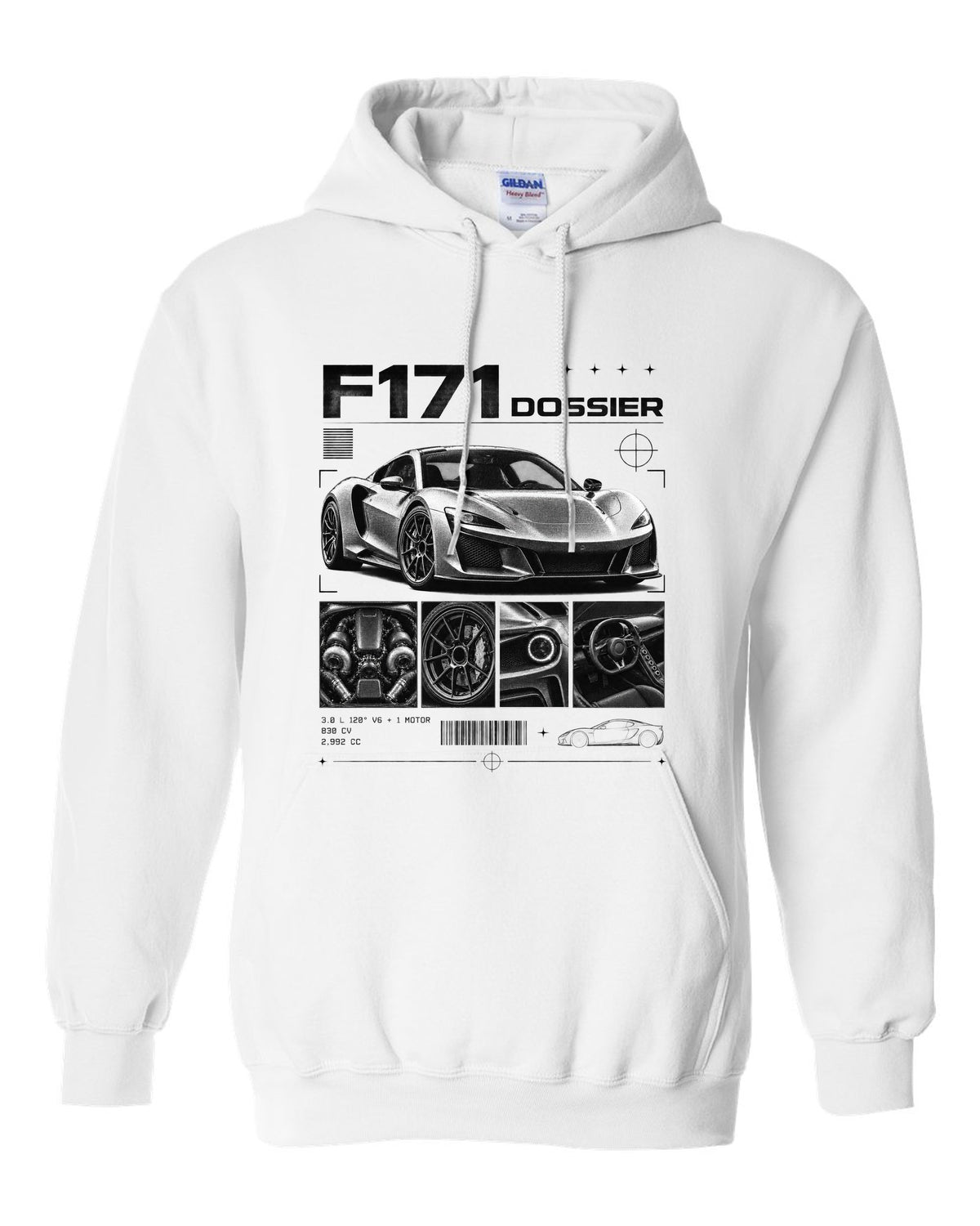 Dossier panel print of a Ferrari 296 GTB F171 with 3.0 L 120 degree V6 plus one motor, 830 CV white pull over hoodie front view with the design