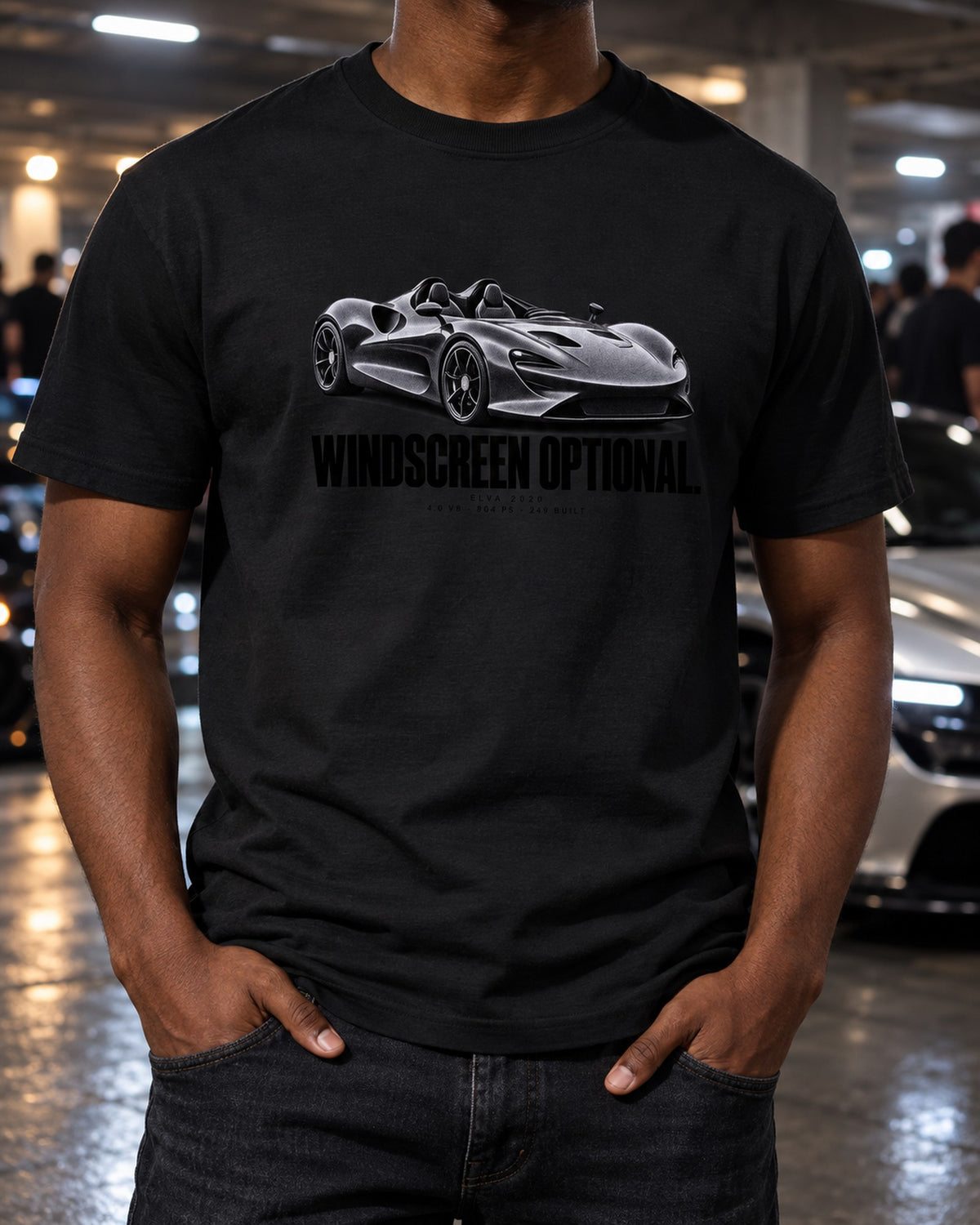 McLaren Elva 2020 Windscreen Optional Halftone Car Shirt T-Shirt Black worn hero