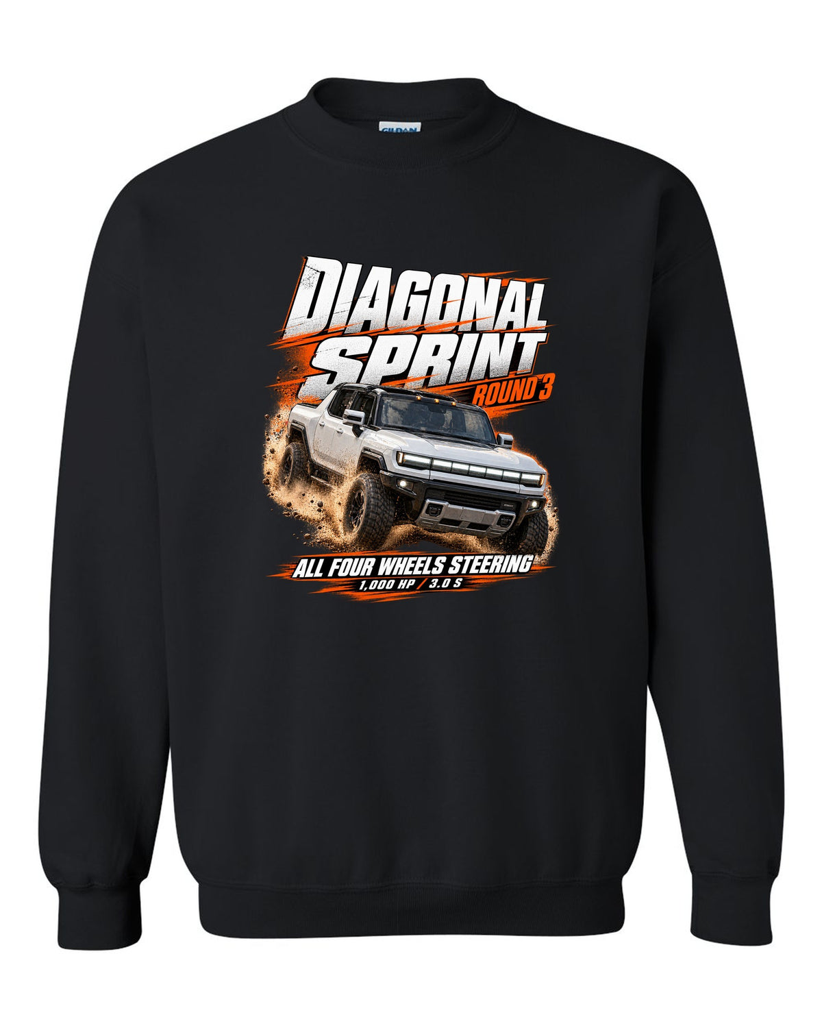 Race poster print of a 2022 GMC Hummer EV pickup EV3X with diagonal sprint text black crewneck front view with the design