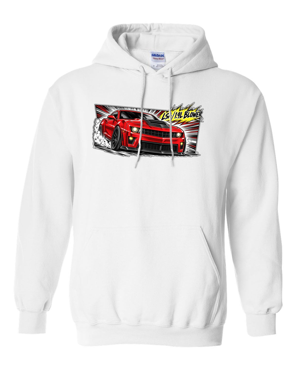 Retro manga panel with speed lines and screentone of a 2012 Chevrolet Camaro ZL1 white pull over hoodie front view with the design