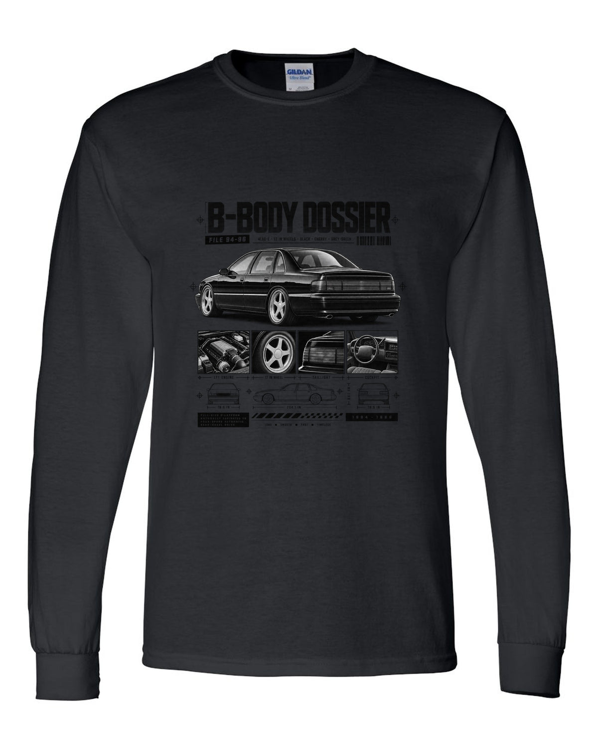 1994-96 Impala SS B-body dossier panels print with 4L60-E and wheel notes black long sleeve front view with the design