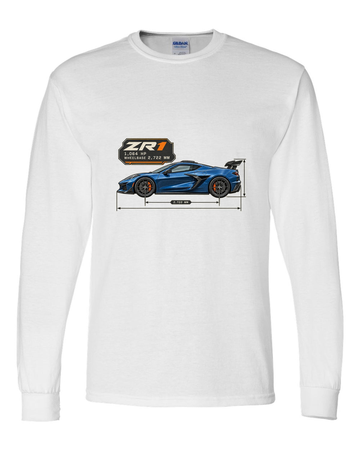 print of a Chevrolet Corvette C8 ZR1 2025 dimension blueprint with 1,064 HP and wheelbase text white long sleeve front view with the design