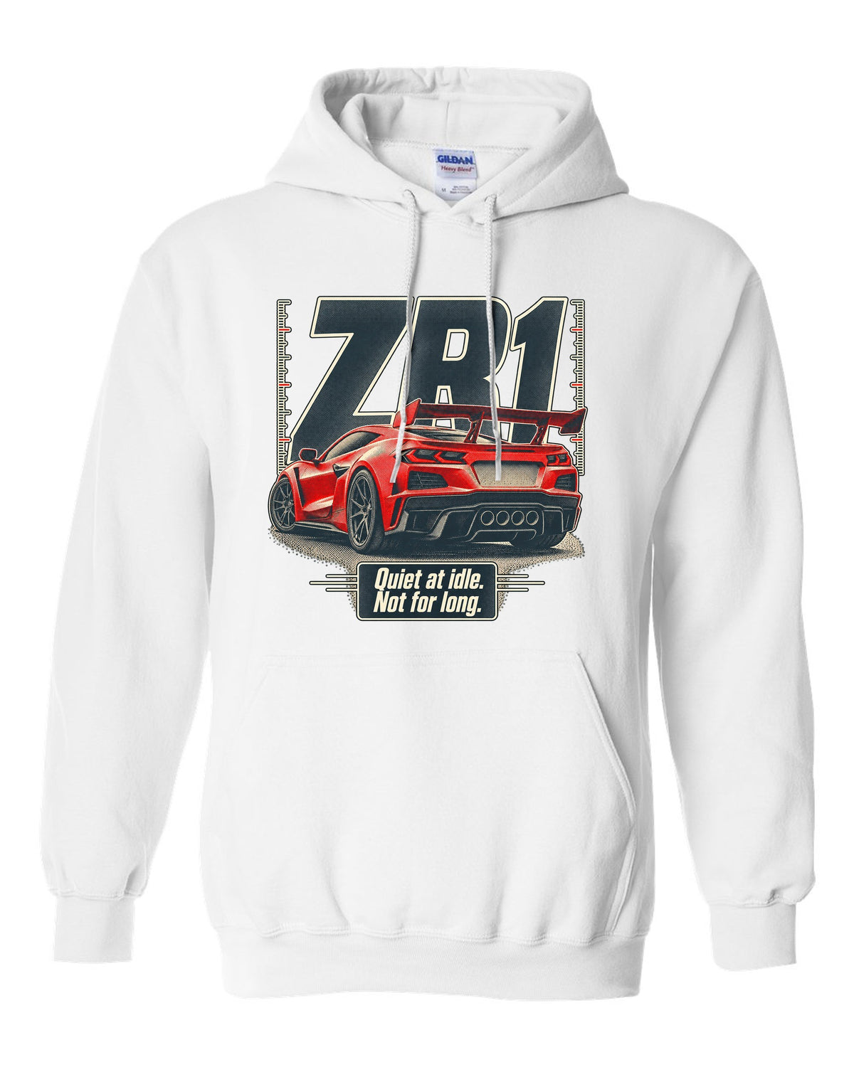 Halftone print of a Chevrolet Corvette C8 ZR1 with a quiet at idle statement white pull over hoodie front view with the design