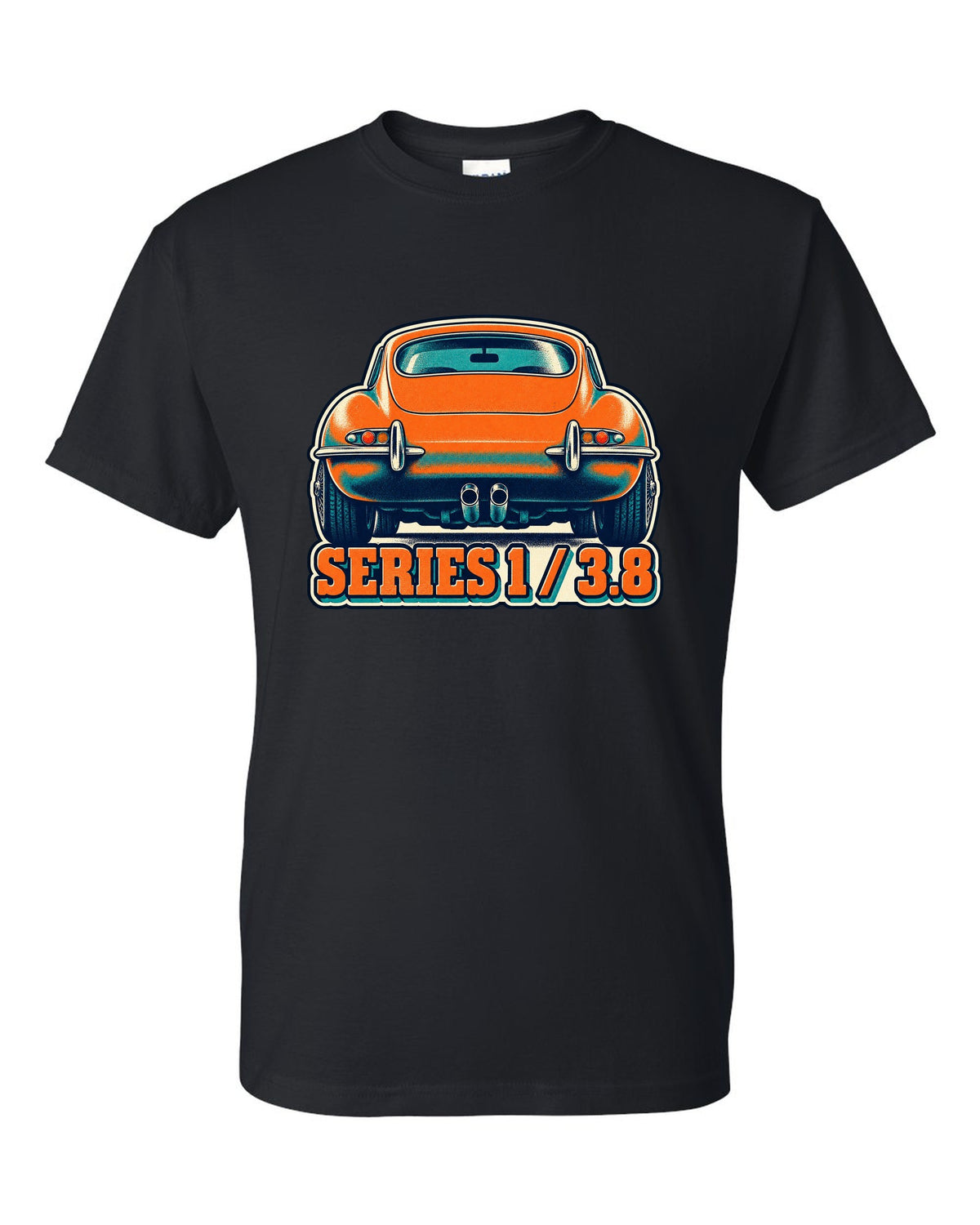 Risograph-style print of a Jaguar E-Type Series 1 taillight with Series 1 and 3.8 lettering black t-shirt front view with the design