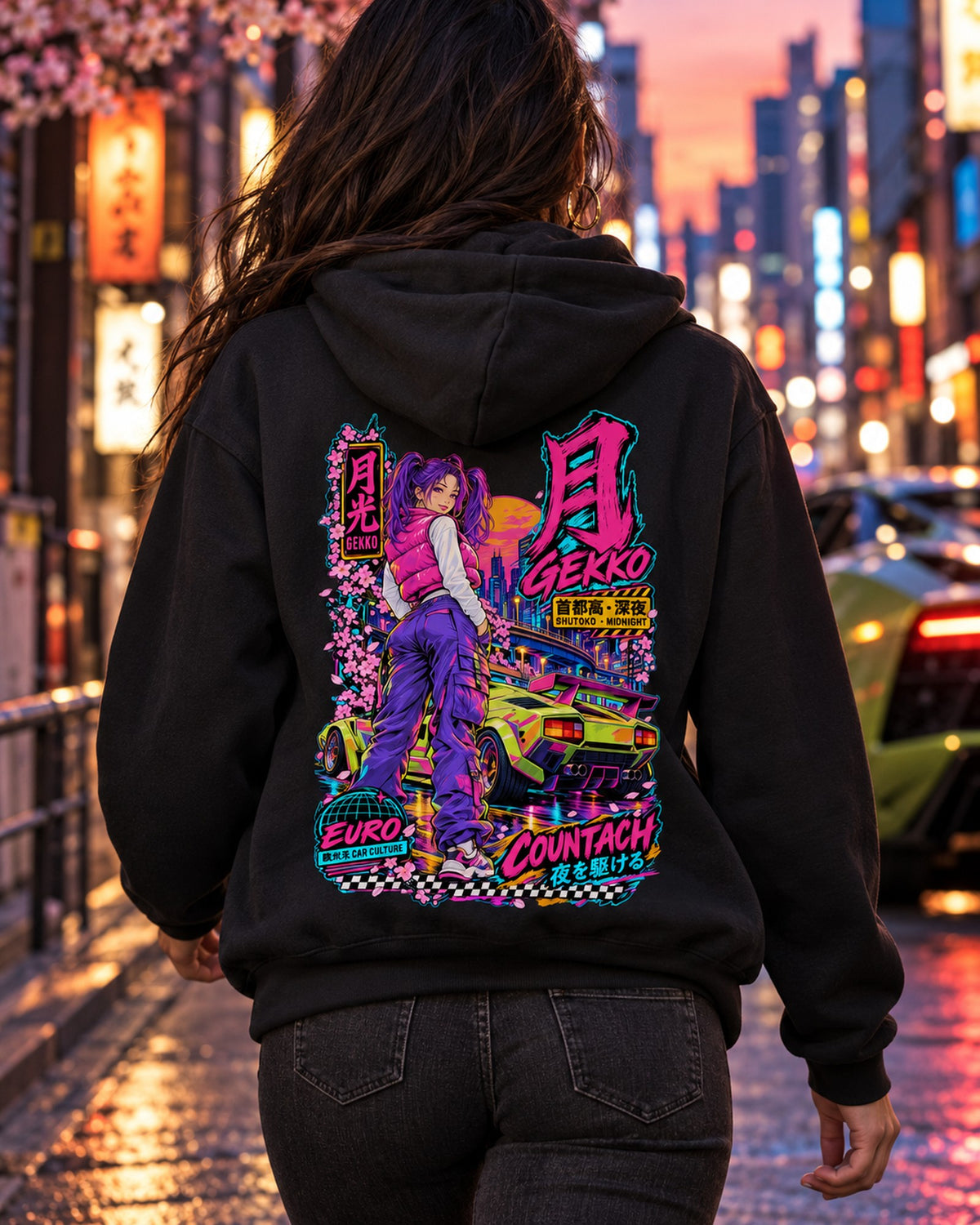 GEKKO COUNTACH Anime Girl Full-Back Graphic Tee Pull Over Hoodie Black worn hero