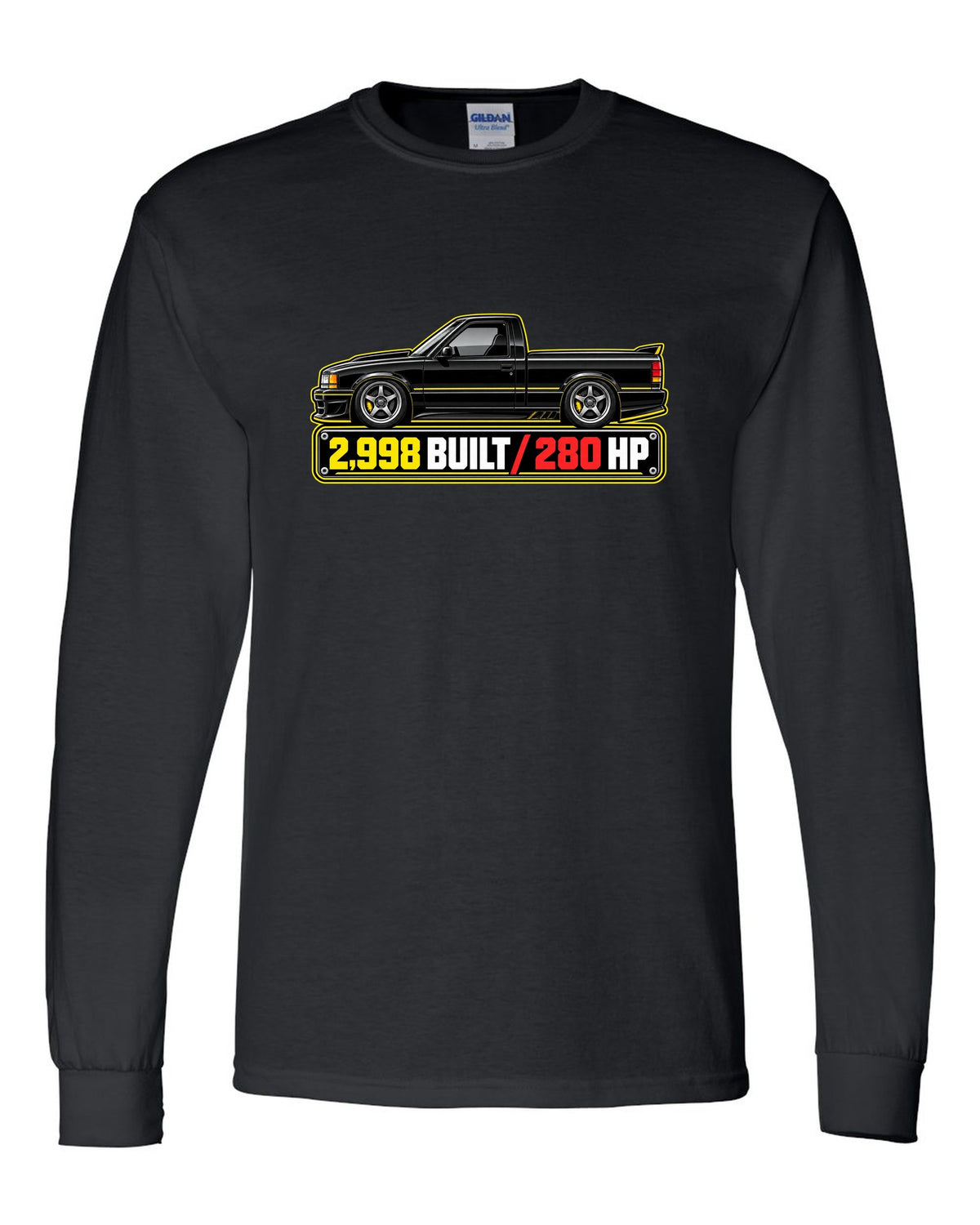 Spec-sheet data plate print of a 1991 GMC Syclone with 2,998 built and 280 HP lettering black long sleeve front view with the design