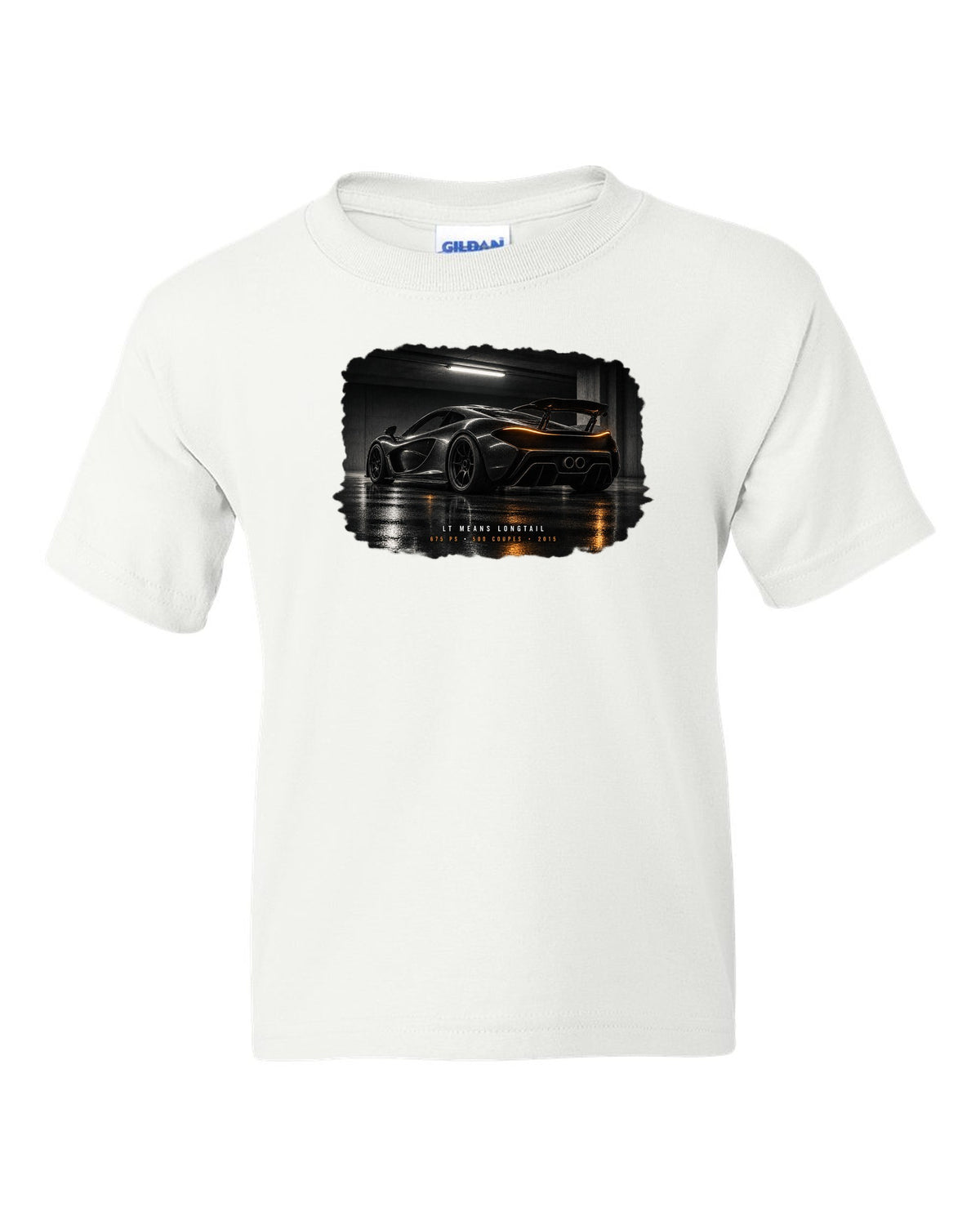 Garage night print of a 2015 McLaren 675LT with Longtail and 500 coupes text white kids tee front view with the design