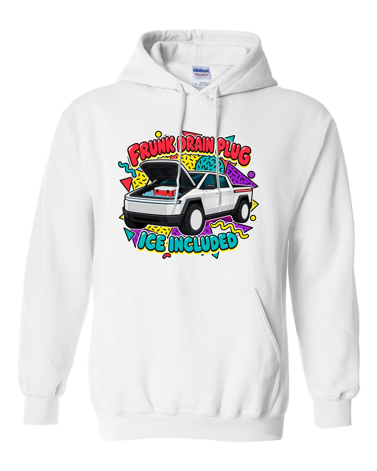 Ford F-150 Lightning retro sticker sheet print about the frunk drain plug and ice white pull over hoodie front view with the design