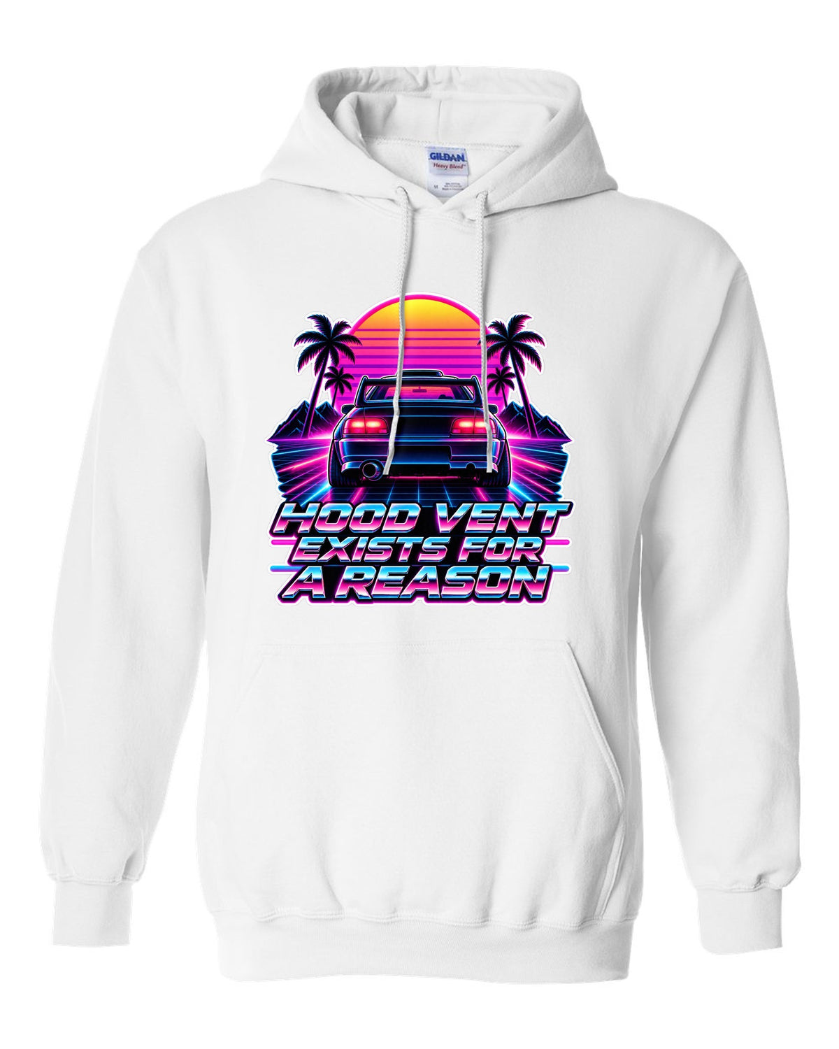 Synthwave outrun illustration of a Toyota Celica GT-Four ST205 with hood vent lettering white pull over hoodie front view with the design