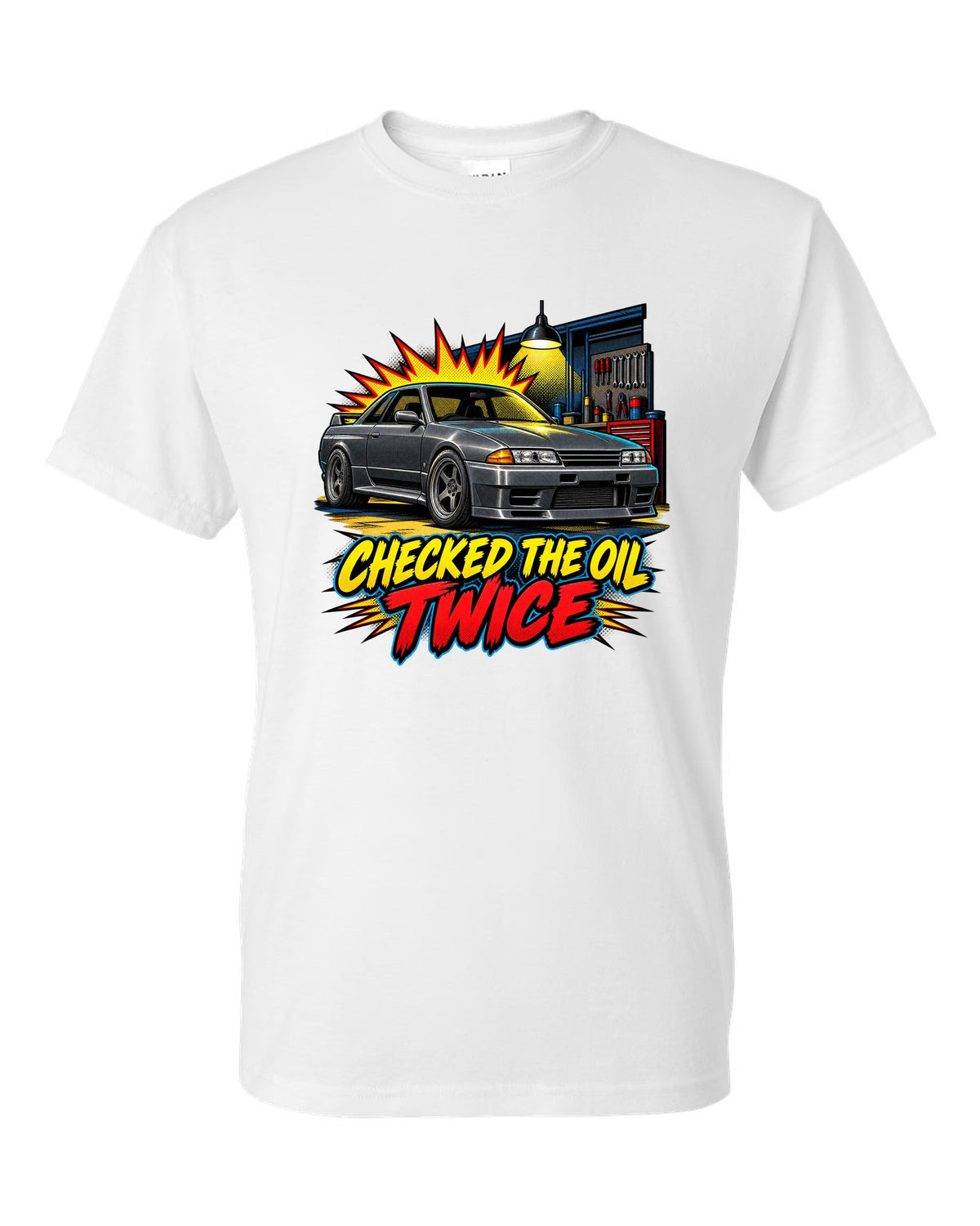 Comic halftone pop-art print of a Nissan Skyline GT-R R32 BNR32 in a garage white t-shirt front view with the design