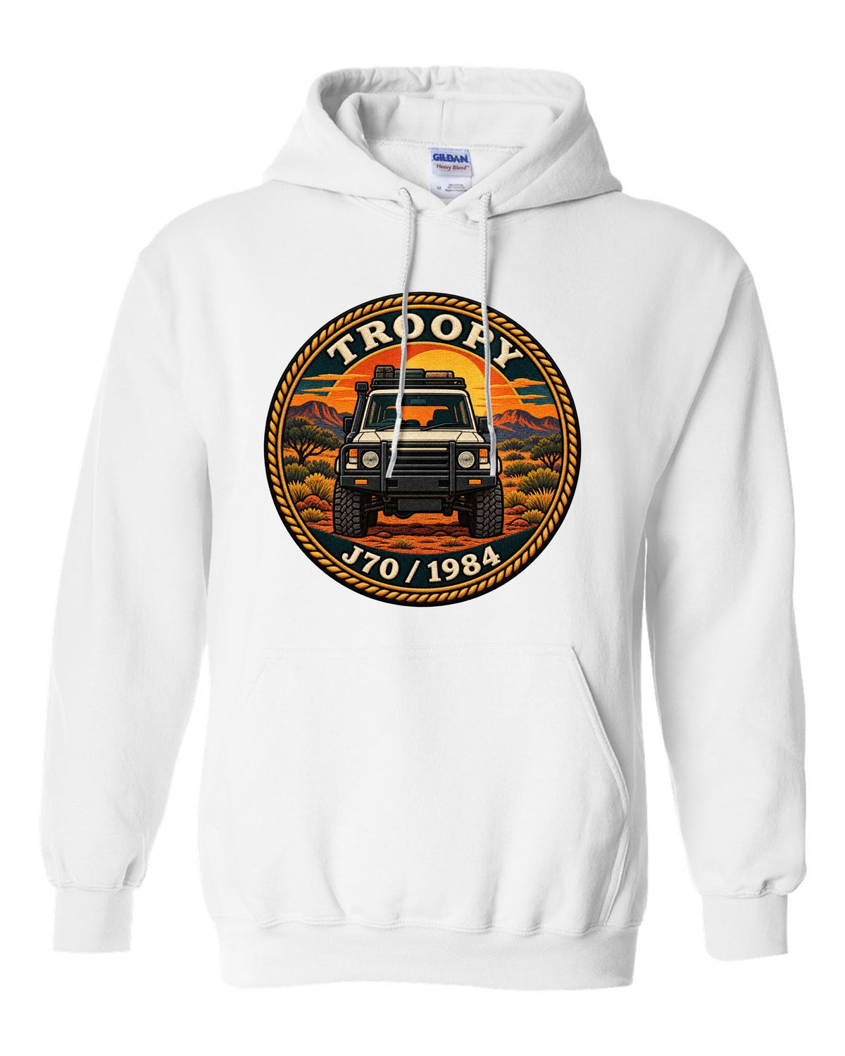 Sunset stamp patch crest of a Toyota Land Cruiser J70 troop carrier with the word Troopy white pull over hoodie front view with the design
