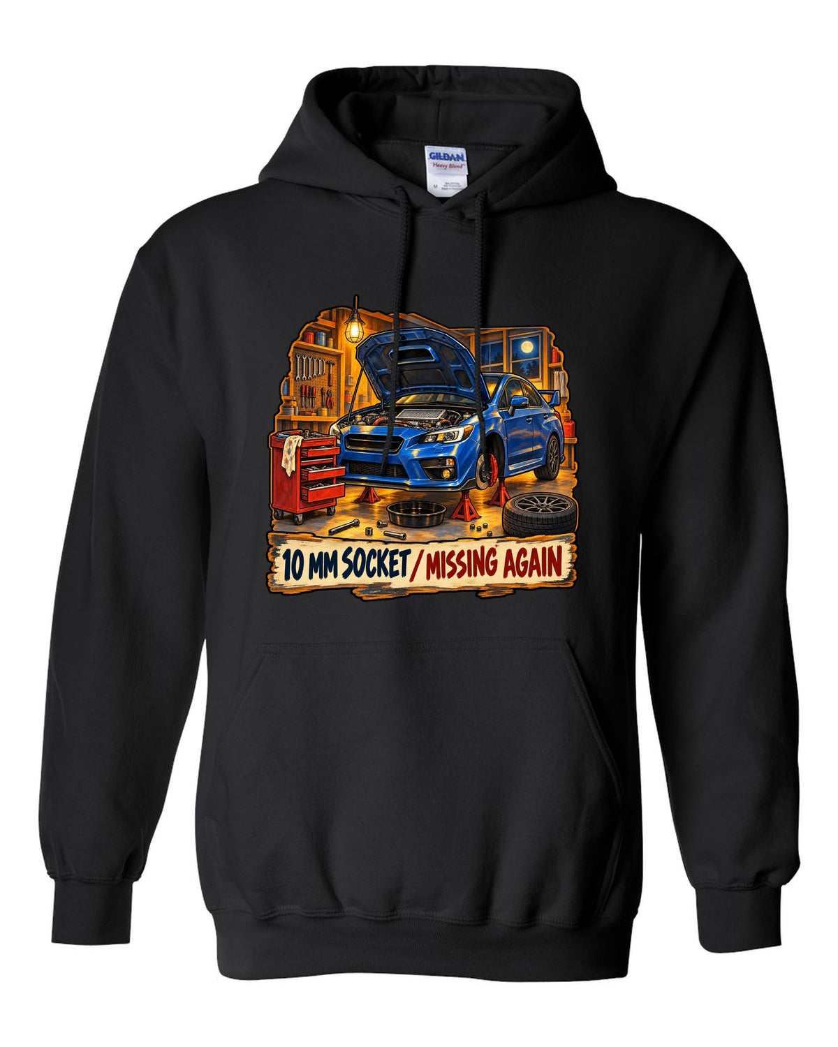 Subaru WRX STI VAB gouache workshop illustration, 10 MM SOCKET / MISSING AGAIN black pull over hoodie front view with the design