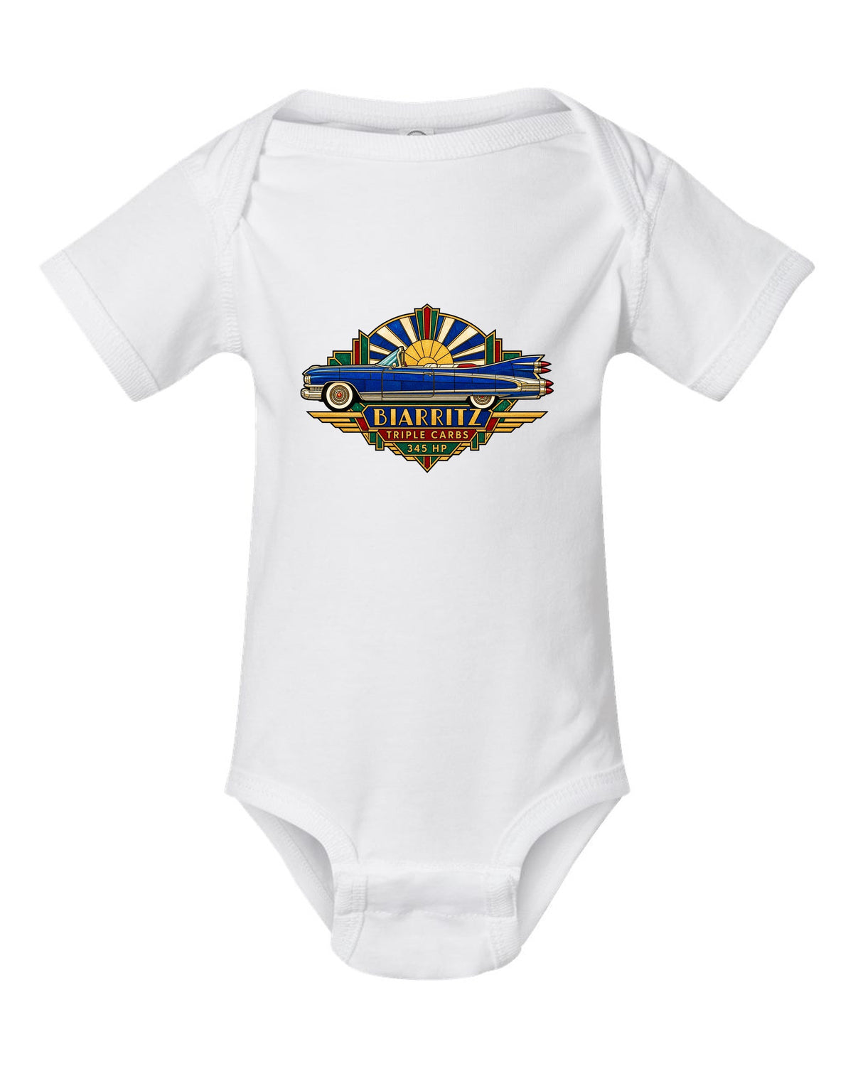 1959 Cadillac Eldorado Biarritz in Art Deco stained-glass geometric style white baby onesie front view with the design