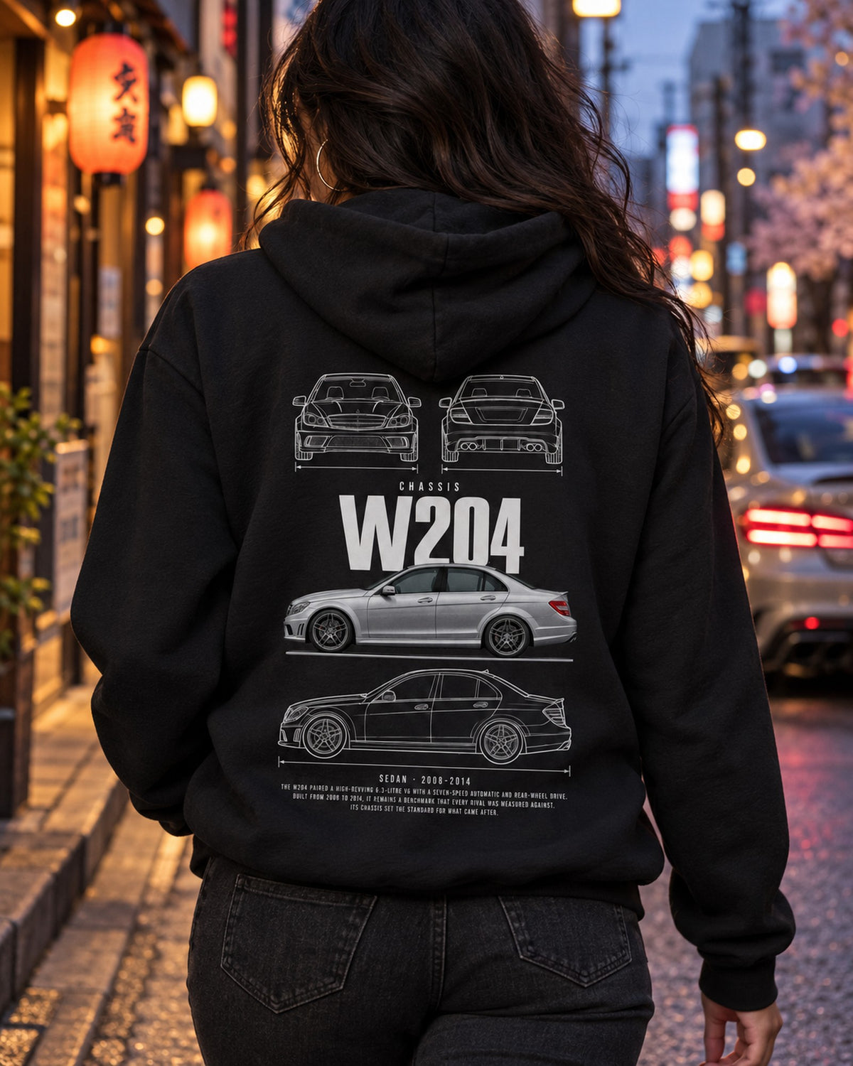 Mercedes C63 AMG (W204) sedan Blueprint Full-Back Graphic Tee, W204 Chassis Code Pull Over Hoodie Black worn hero