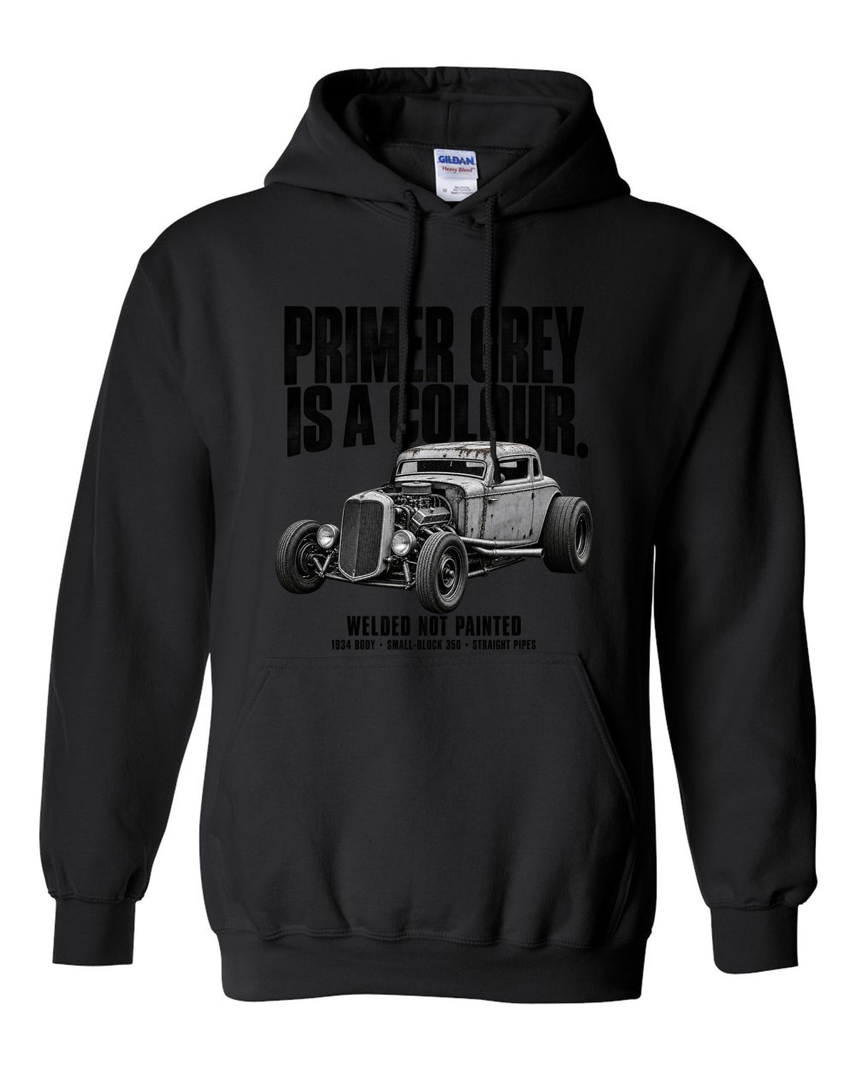 Halftone print of a primer grey 1934-style rat rod coupe black pull over hoodie front view with the design