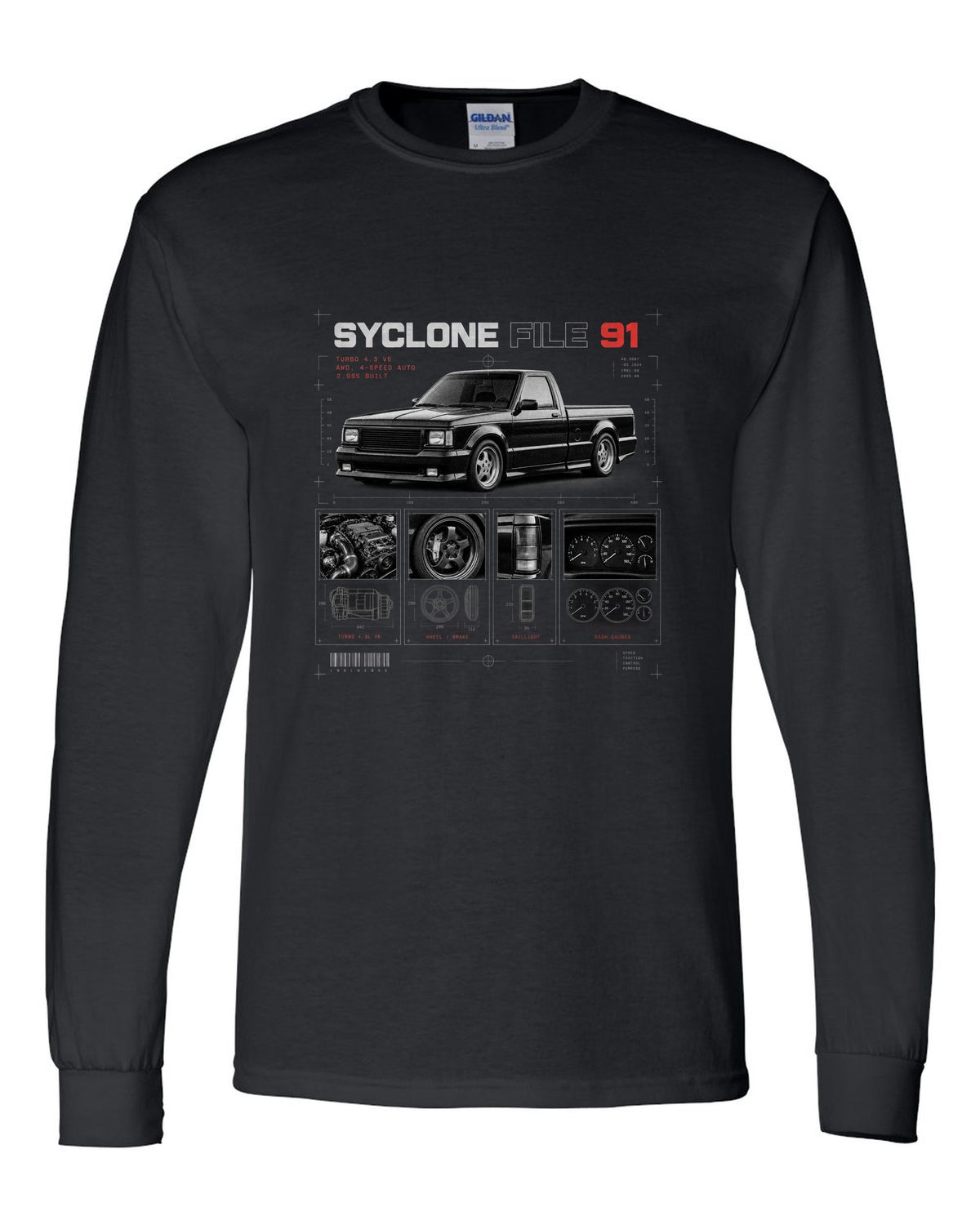 Dossier panel print of a 1991 GMC Syclone with turbo 4.3 V6 and 2,995 built text black long sleeve front view with the design