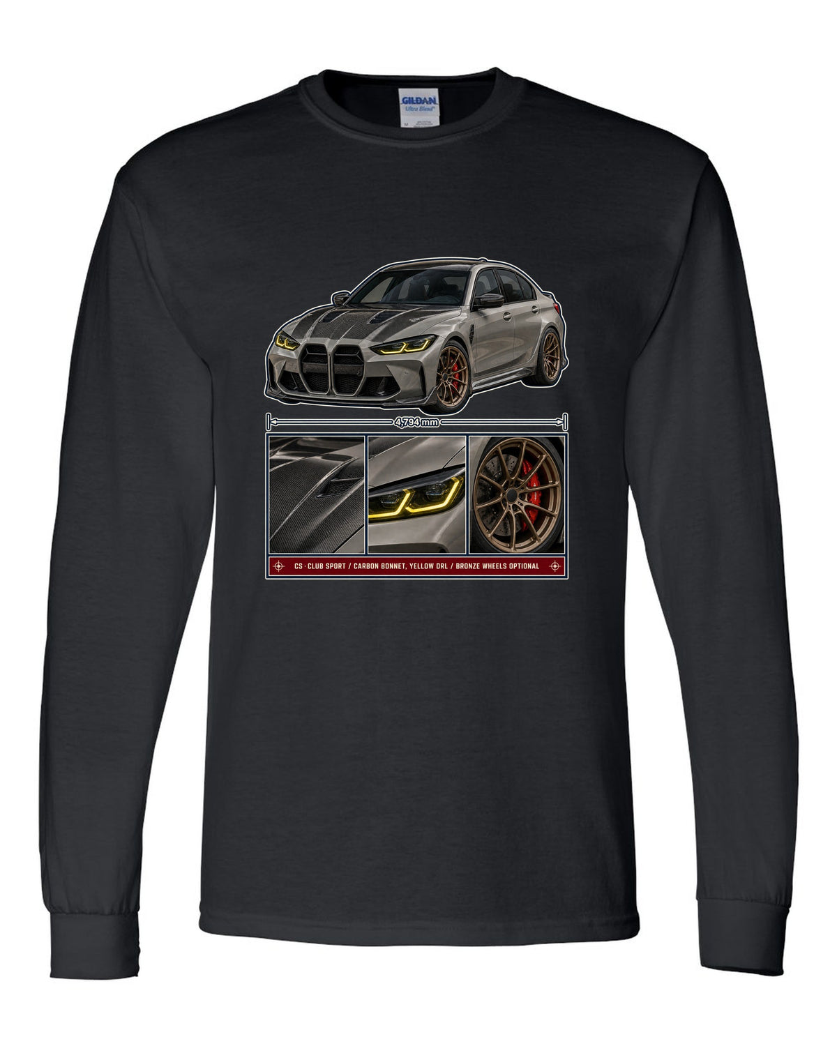 BMW M3 CS G80 dossier panels print design black long sleeve front view with the design