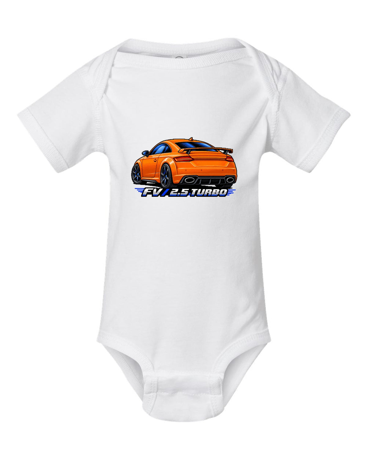 Pixel art print of an Audi TT RS FV with a rear wing and 2.5 turbo text white baby onesie front view with the design