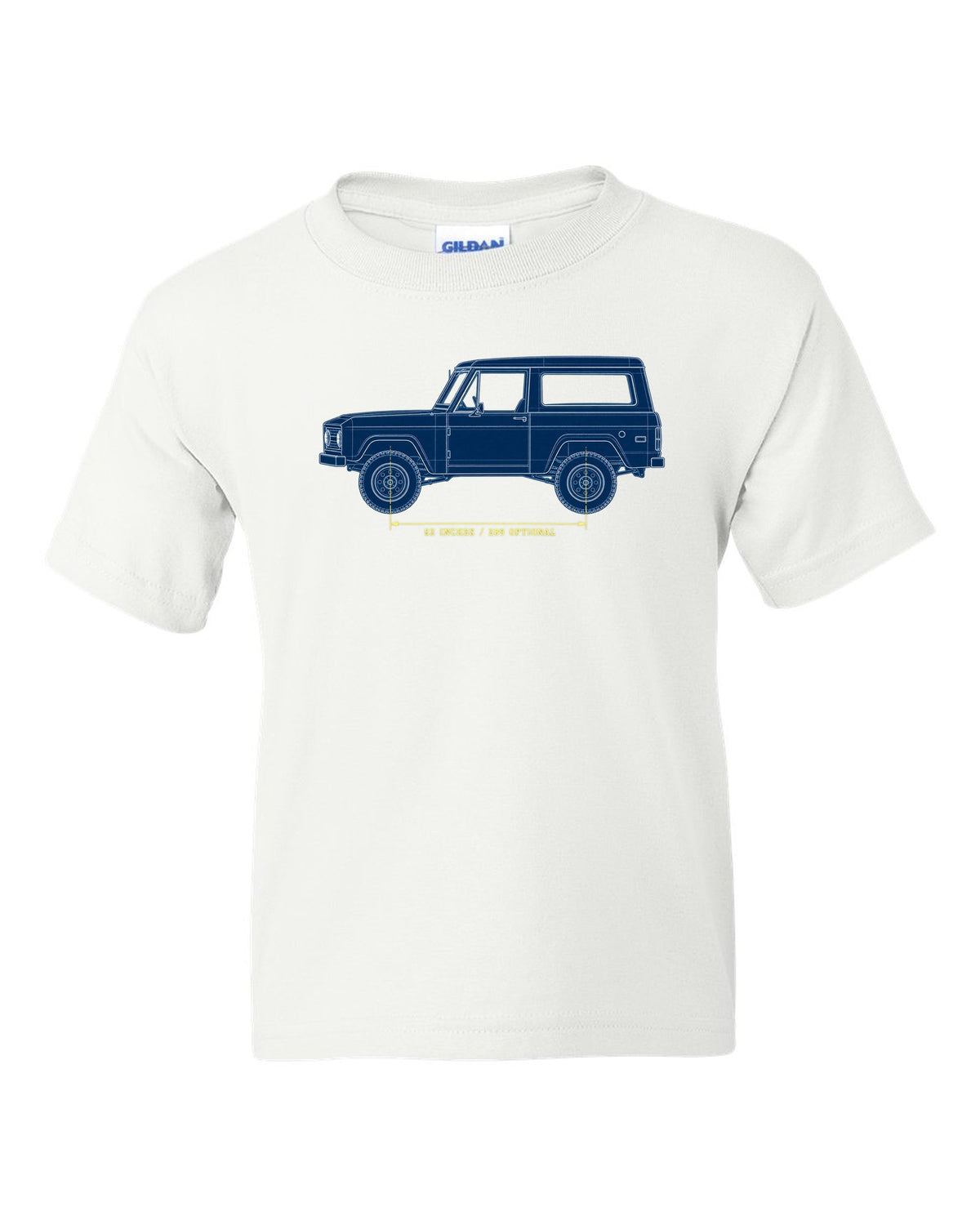 Patent-sheet blueprint drawing of a 1966-77 Ford Bronco U15 wagon with 92 INCHES and 289 OPTIONAL notes white kids tee front view with the design