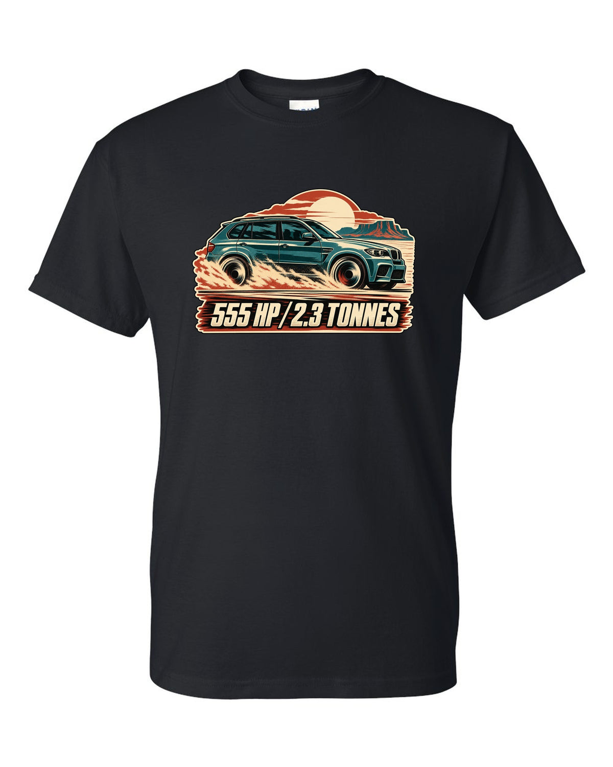 Vintage race poster print of a BMW X5 M E70 with 555 HP lettering black t-shirt front view with the design