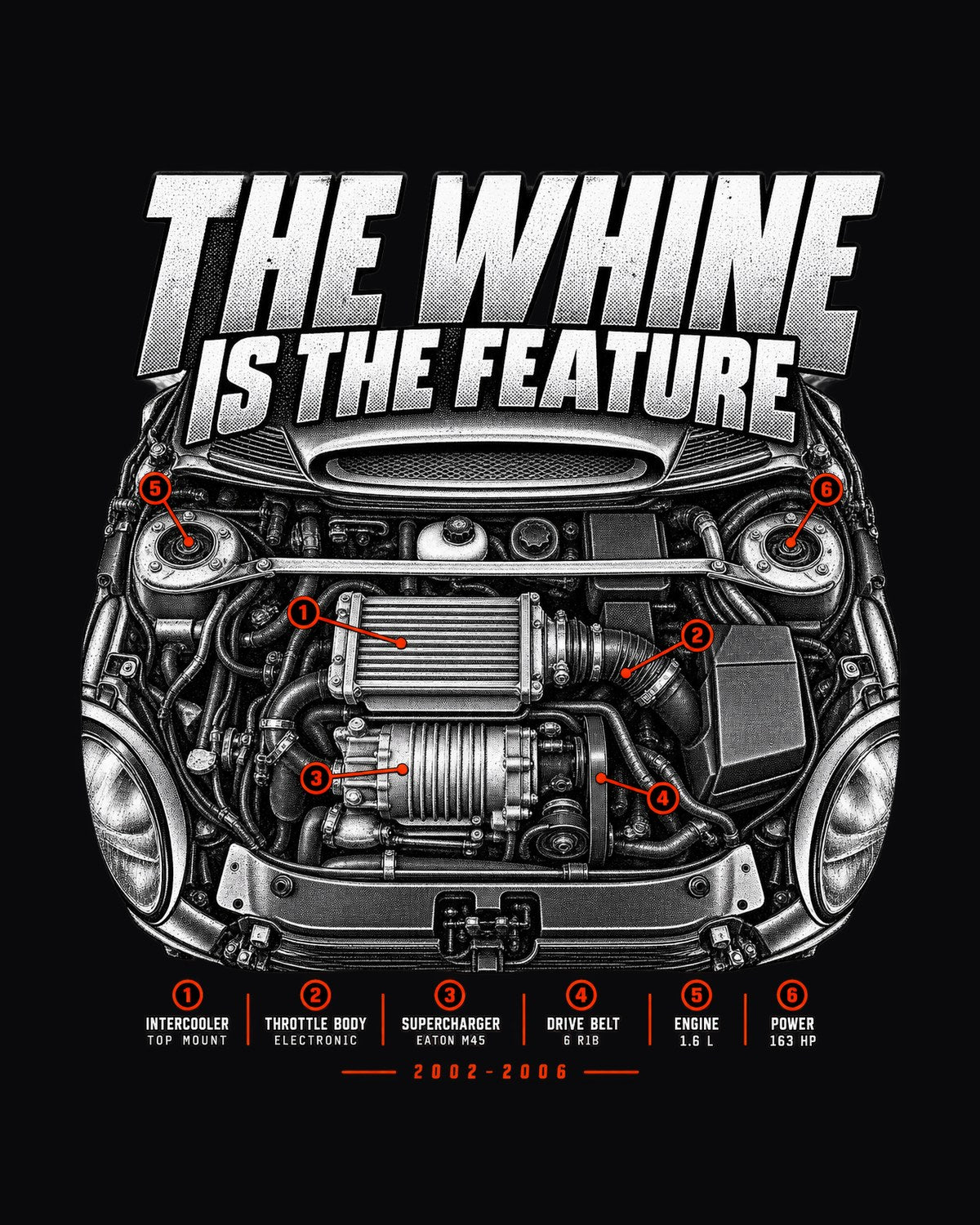 Mini Cooper S R53 Supercharger Engine Bay Shirt, The Whine design only