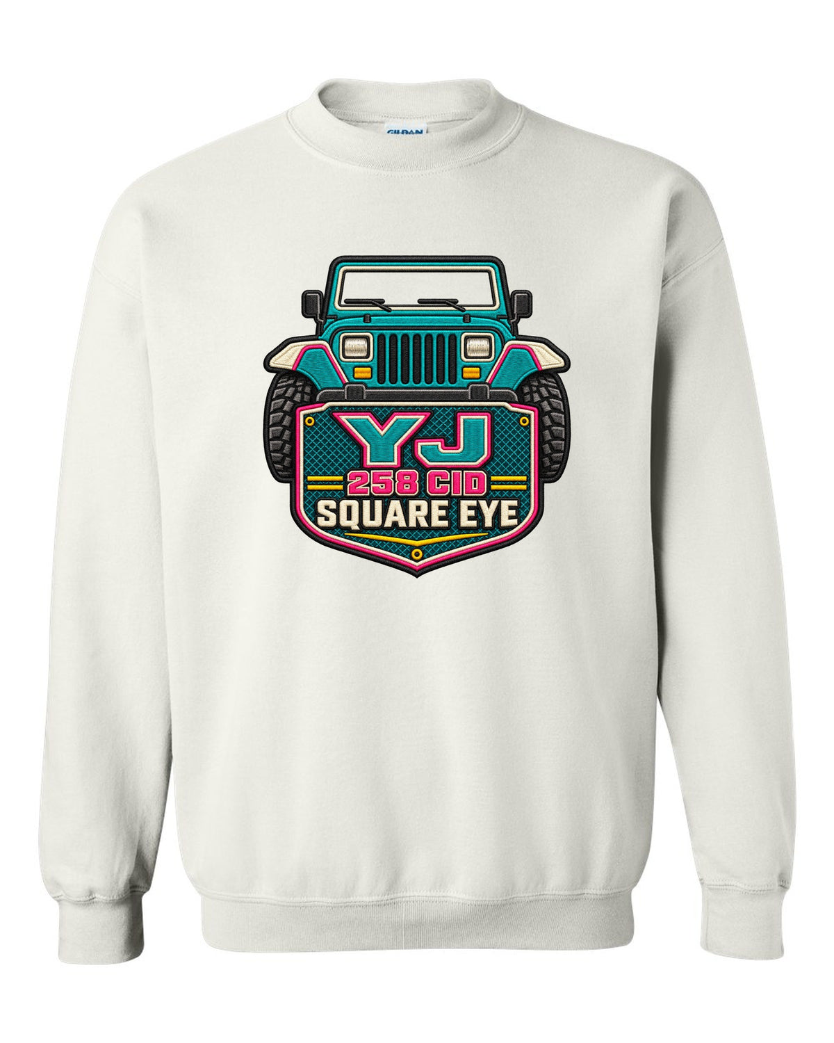 Embroidery-style varsity crest print of a Jeep Wrangler YJ with square eye text white crewneck front view with the design
