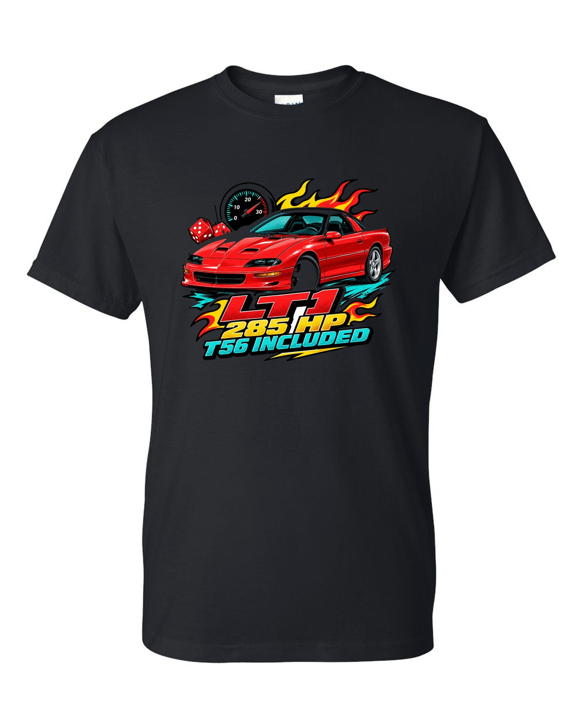 1996 Chevrolet Camaro Z28 LT1 sticker-bomb collage print with 285 HP T56 text black t-shirt front view with the design
