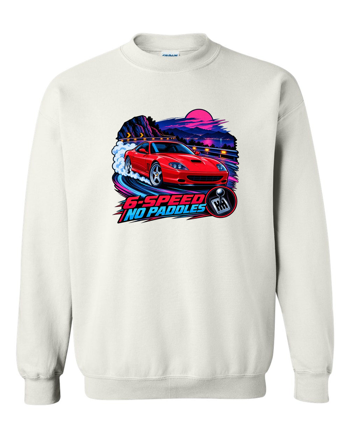 Cel-shaded anime night touge print of a Ferrari 550 Maranello with 6-Speed No Paddles lettering white crewneck front view with the design
