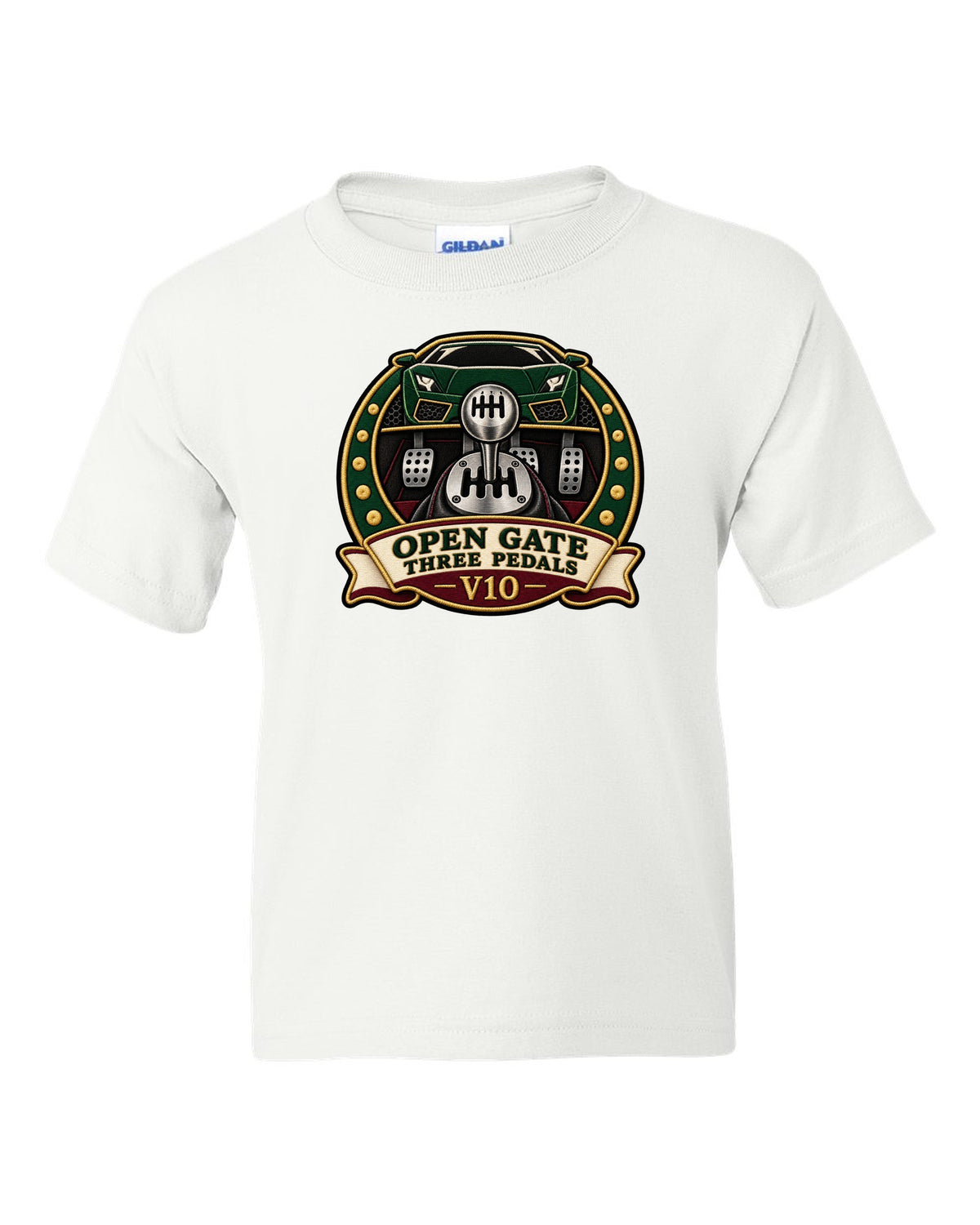 Embroidery-style crest of a 2004 Lamborghini Gallardo gated six-speed with open gate text white kids tee front view with the design