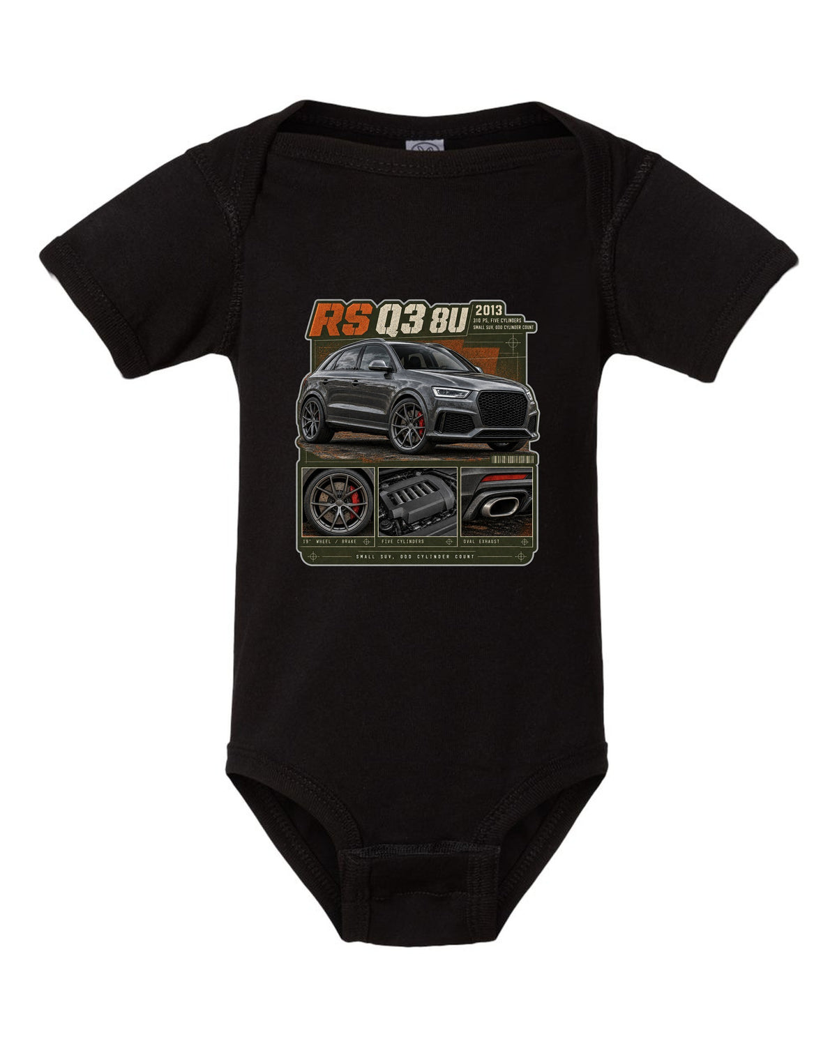 Audi RS Q3 8U dossier panels print with 310 PS five-cylinder text black baby onesie front view with the design