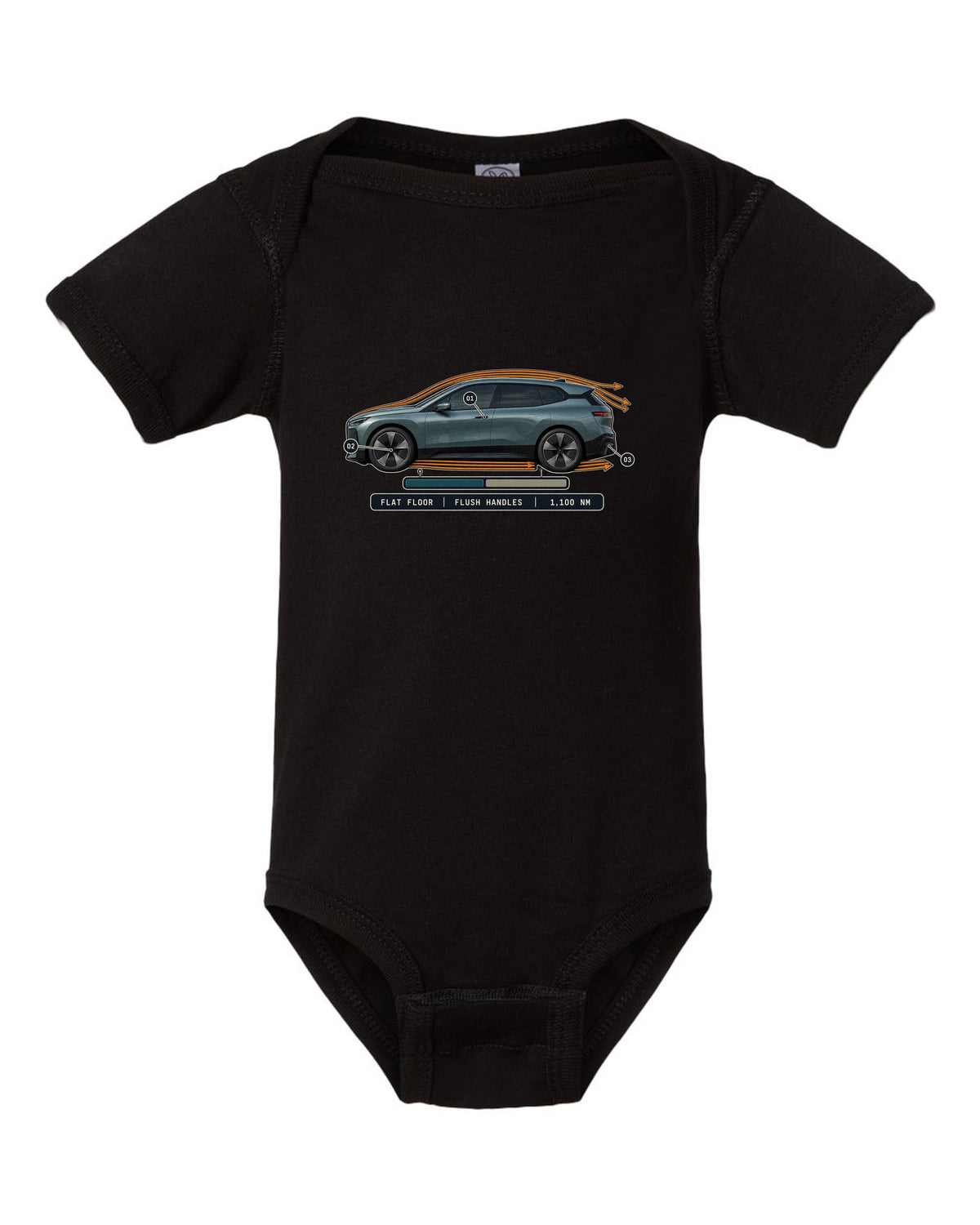 Aero cutaway callout print of the BMW iX M60 I20 with flush handles and flat floor black baby onesie front view with the design
