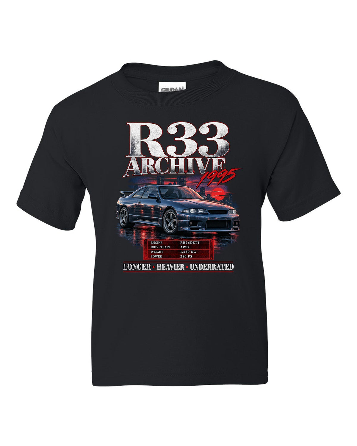 Archive panel print of a Nissan Skyline GT-R R33 BCNR33 with spec lettering black kids tee front view with the design