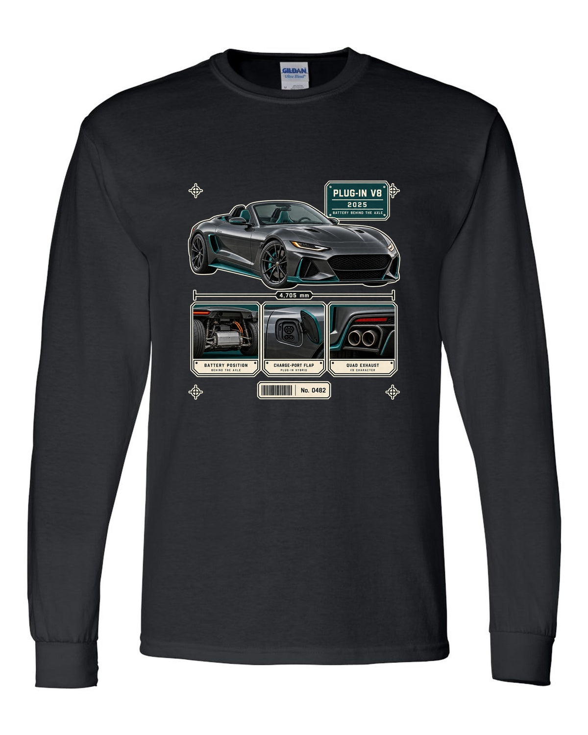 Mercedes-AMG SL63 S E Performance R232 dossier panel print in graphite and teal black long sleeve front view with the design