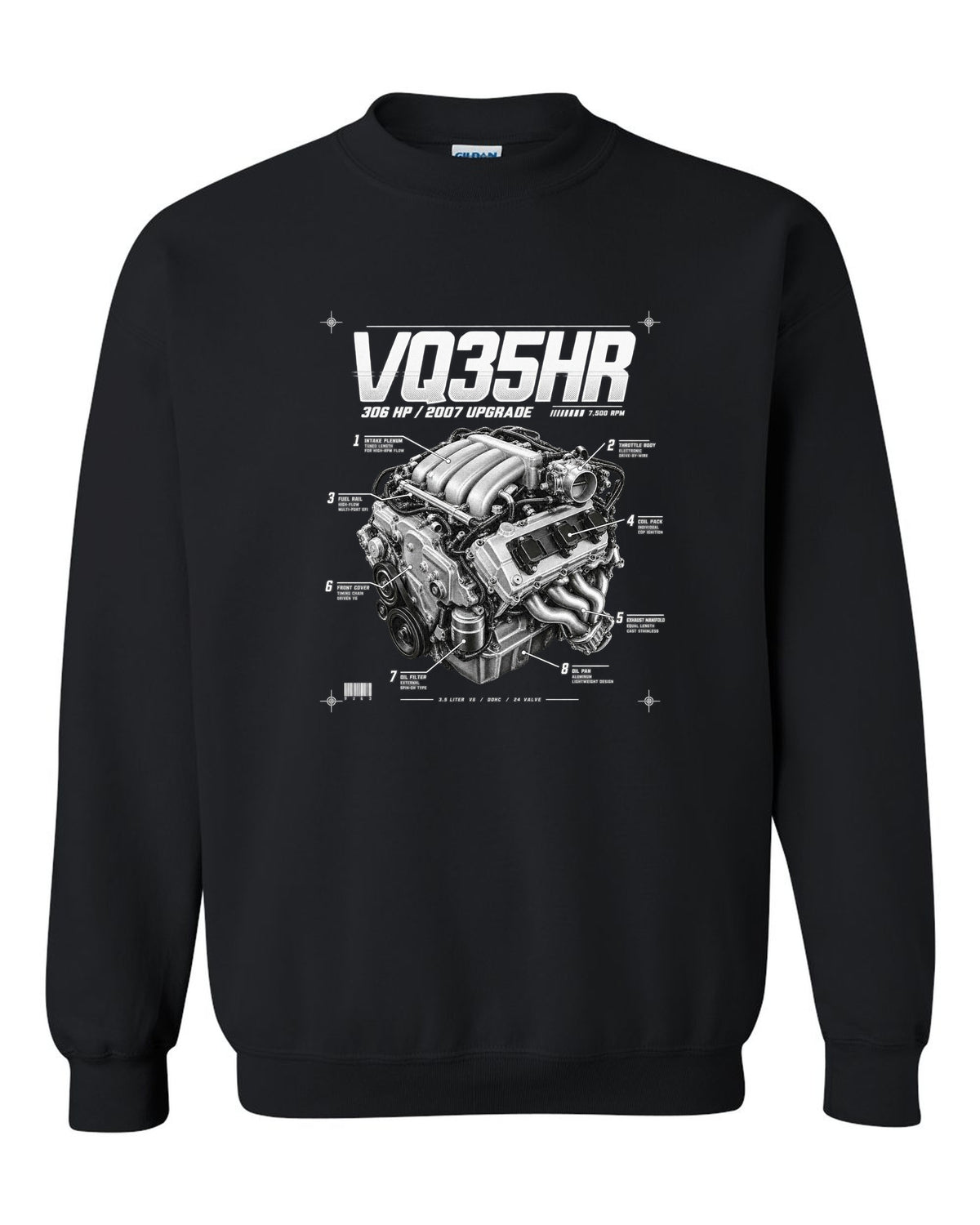 print of a Nissan 350Z Z33 VQ35HR engine plate with 306 HP and 7,500 RPM black crewneck front view with the design