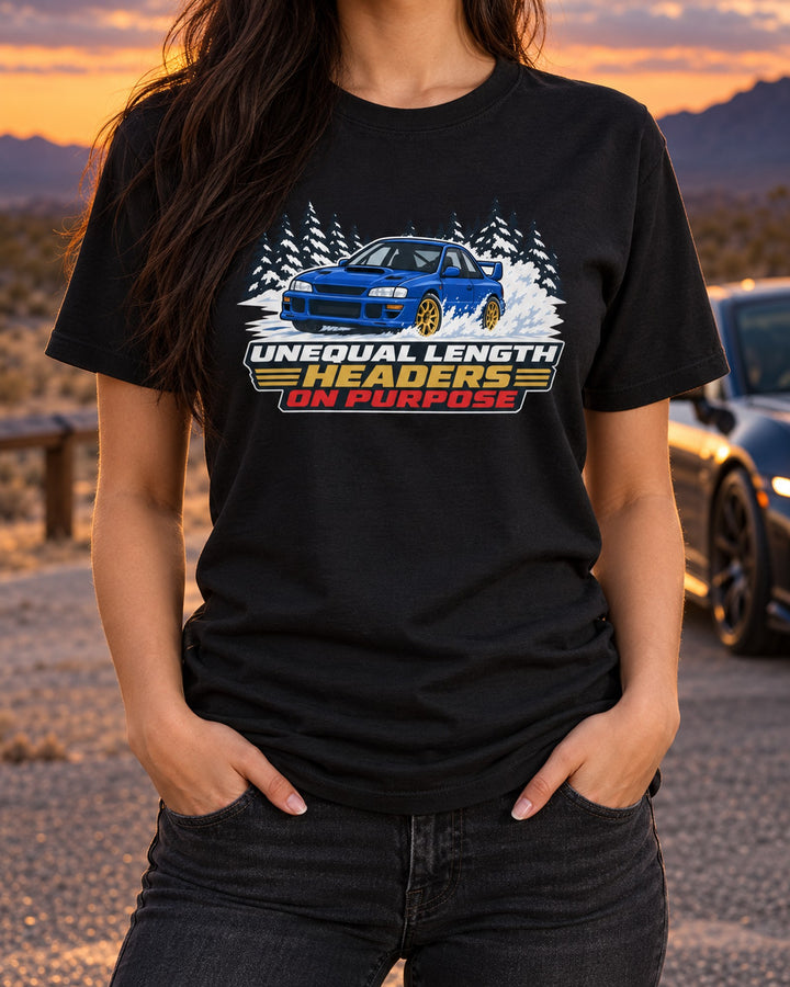 Subaru Impreza WRX STI GC8 Unequal Length Headers on Purpose Shirt T-Shirt Black worn hero