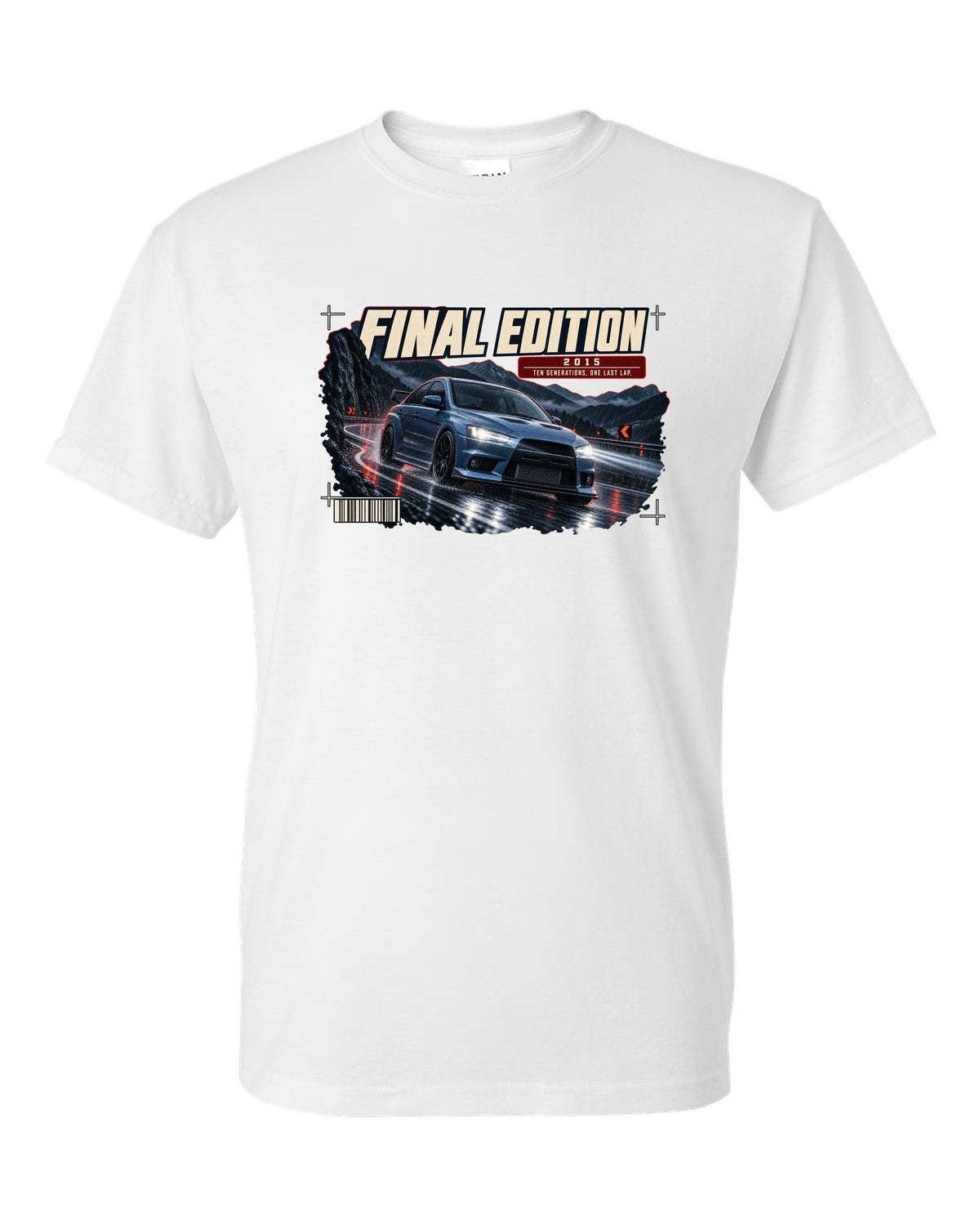 Mitsubishi Lancer Evolution X Final Edition low front three-quarter at night print white t-shirt front view with the design