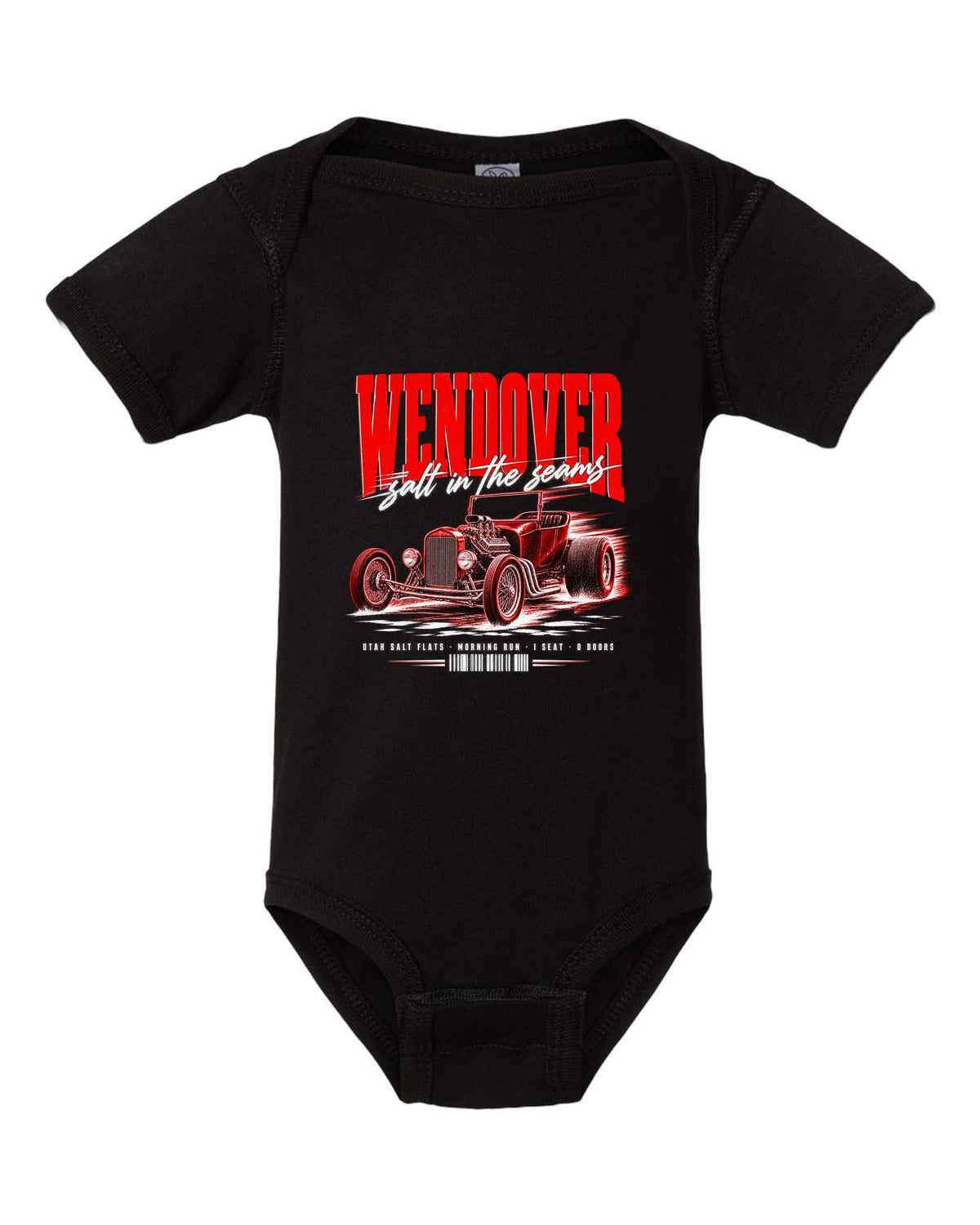 Street poster print of a T-bucket hot rod for Wendover and the Utah Salt Flats black baby onesie front view with the design