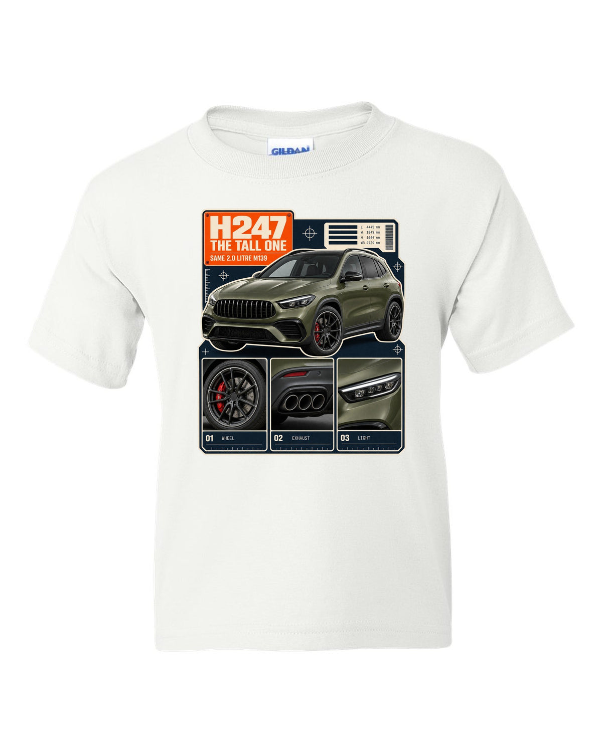Mercedes-AMG GLA 45 S H247 dossier panel print white kids tee front view with the design